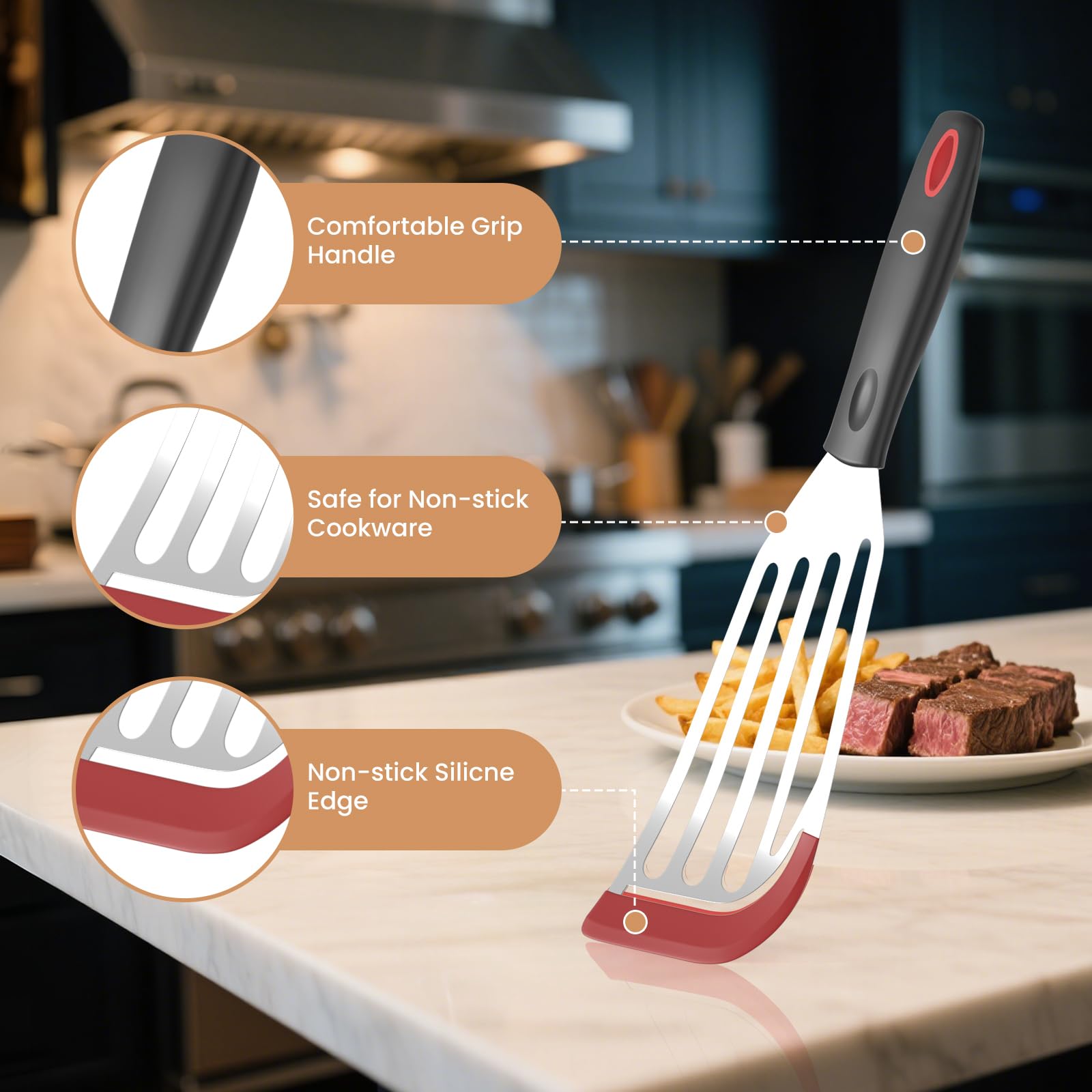 Ecerangus stainless steel core spatula with red handle for durability.