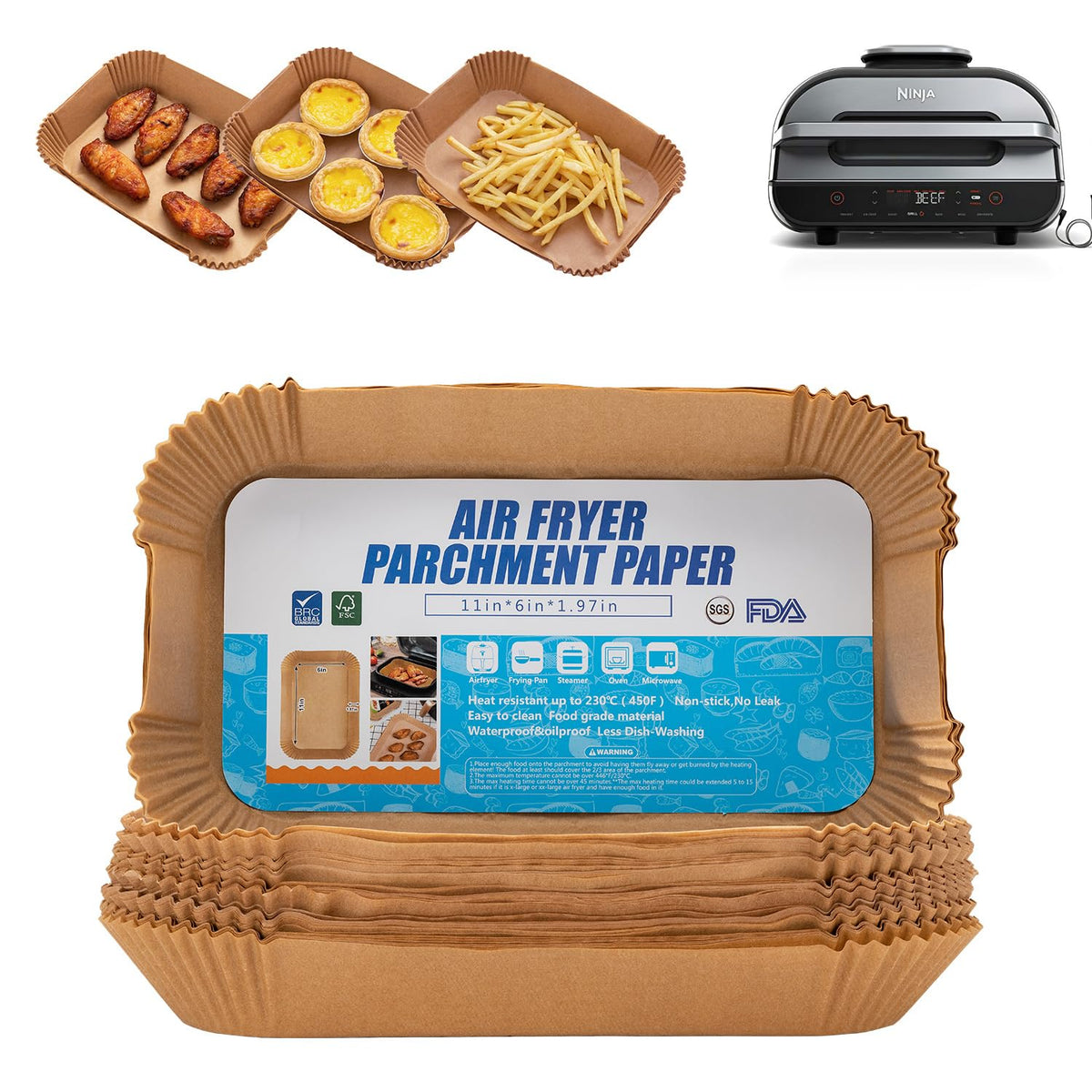 Ecfvtp Ninja FG551 XL air fryer liner shown in a basket for easy cleanup