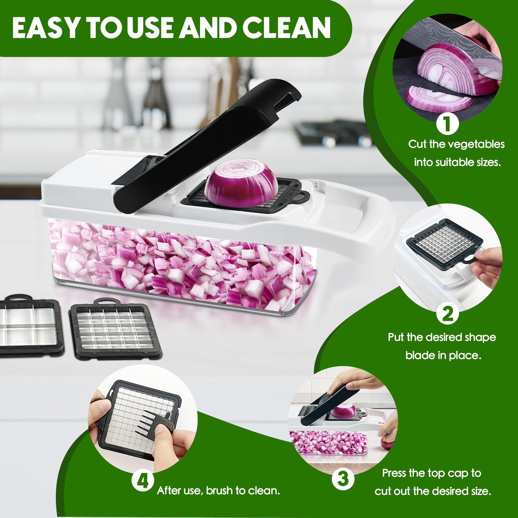 Built-in container of the ECLENYES chopper stores prepped vegetables to reduce mess.