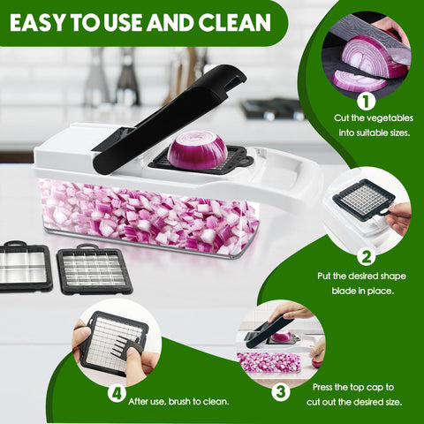 Built-in container of the ECLENYES chopper stores prepped vegetables to reduce mess.