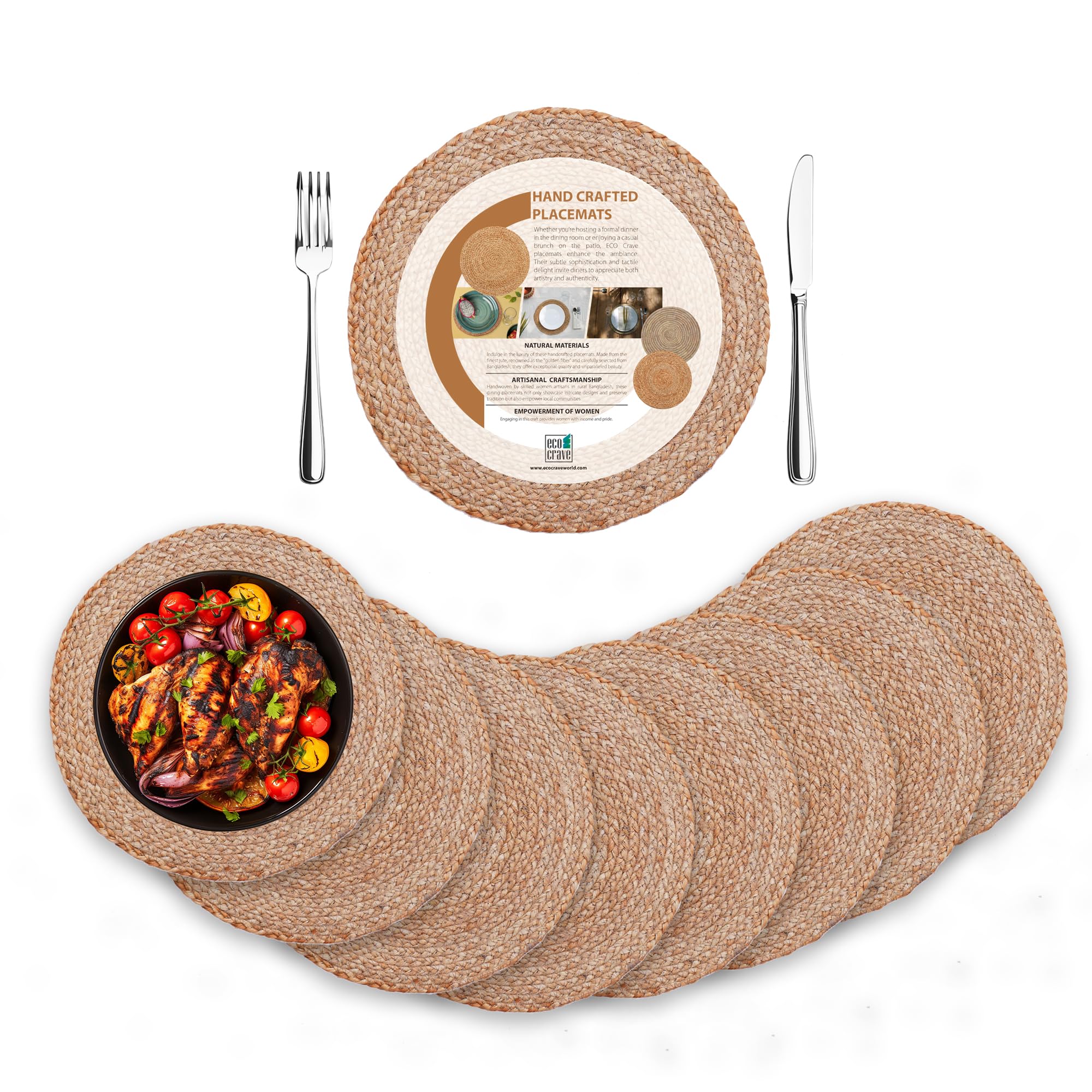 Eco Crave round handwoven jute placemats on a wooden table for rustic charm