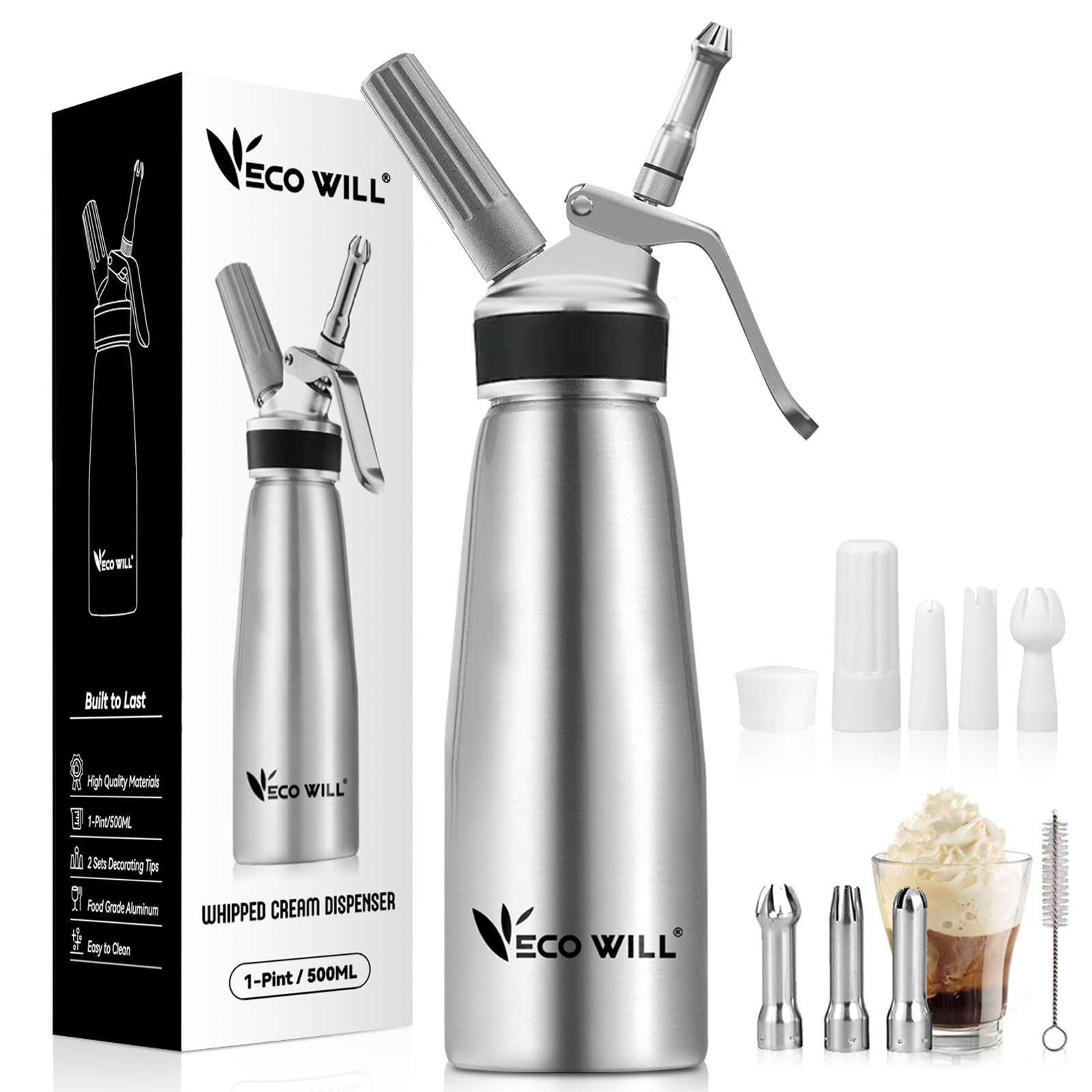 ECO-WILL Professional whipped cream dispenser shows durable aluminum body for daily use