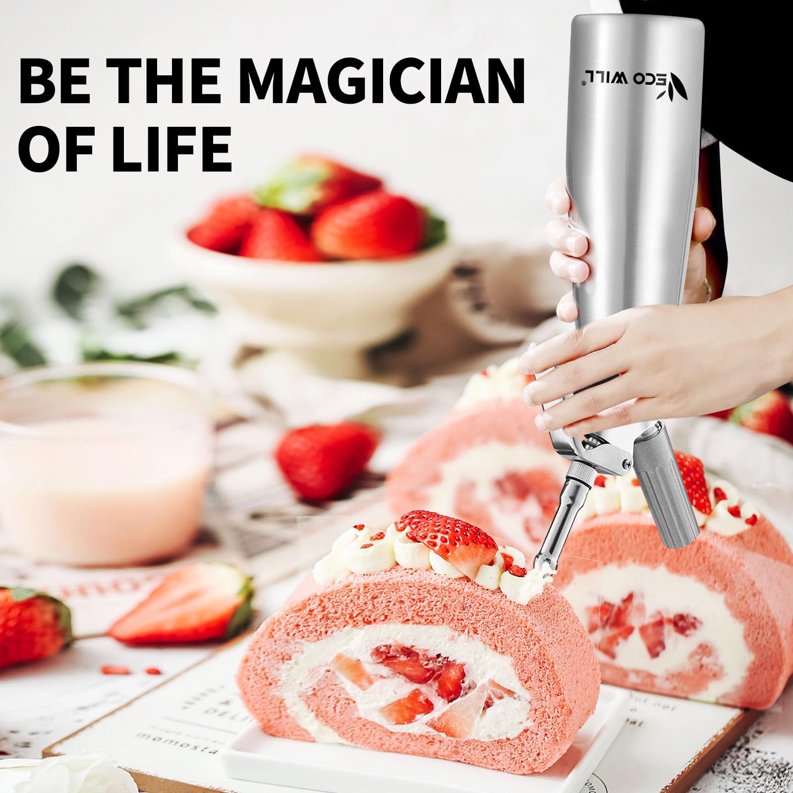 ECO-WILL dispenser with two tip sets enables creative dessert toppings