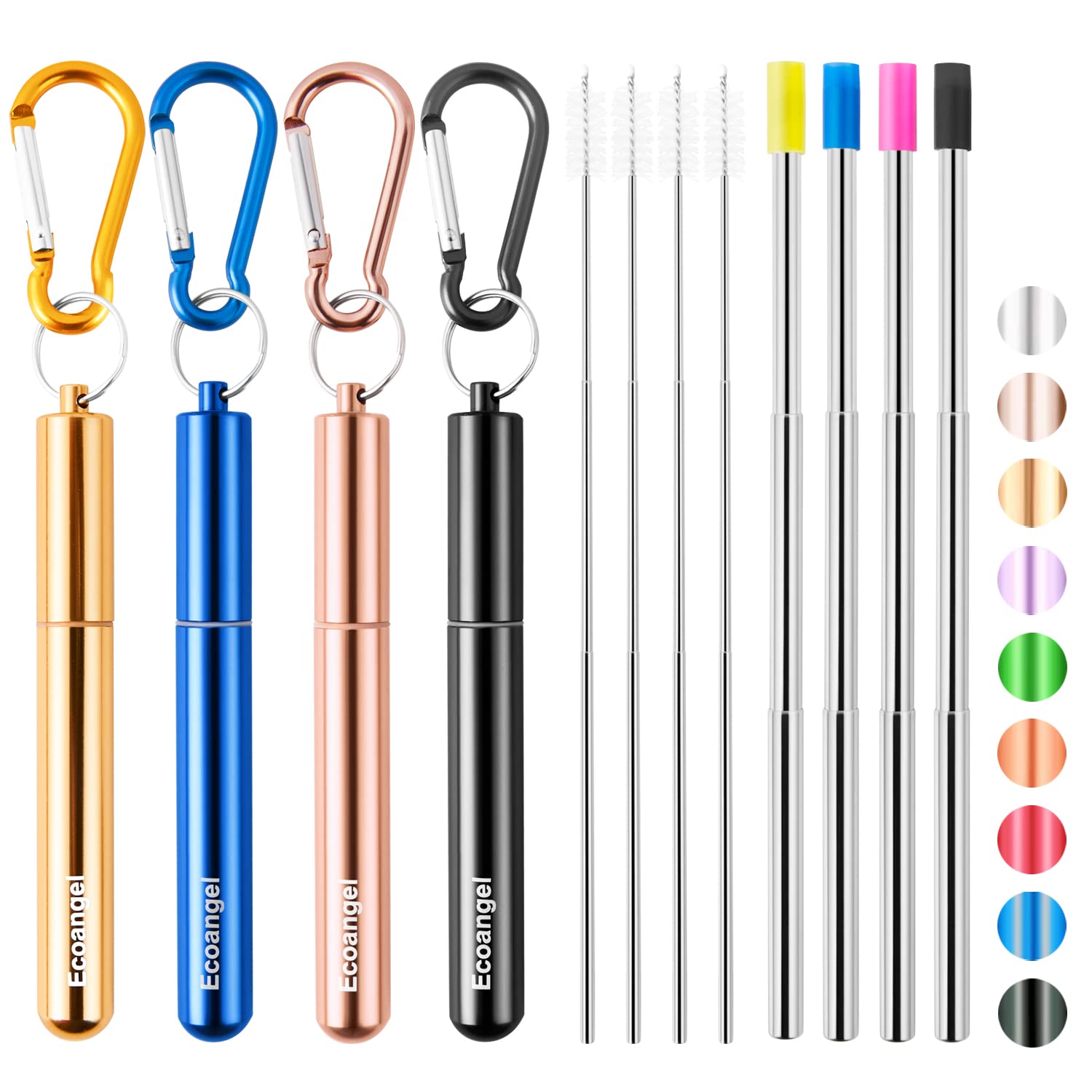 Ecoangel four-pack collapsible stainless steel straws with aluminum cases for travel.