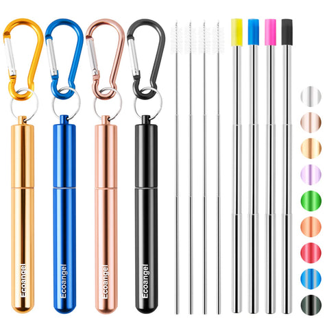 Ecoangel four-pack collapsible stainless steel straws with aluminum cases for travel.