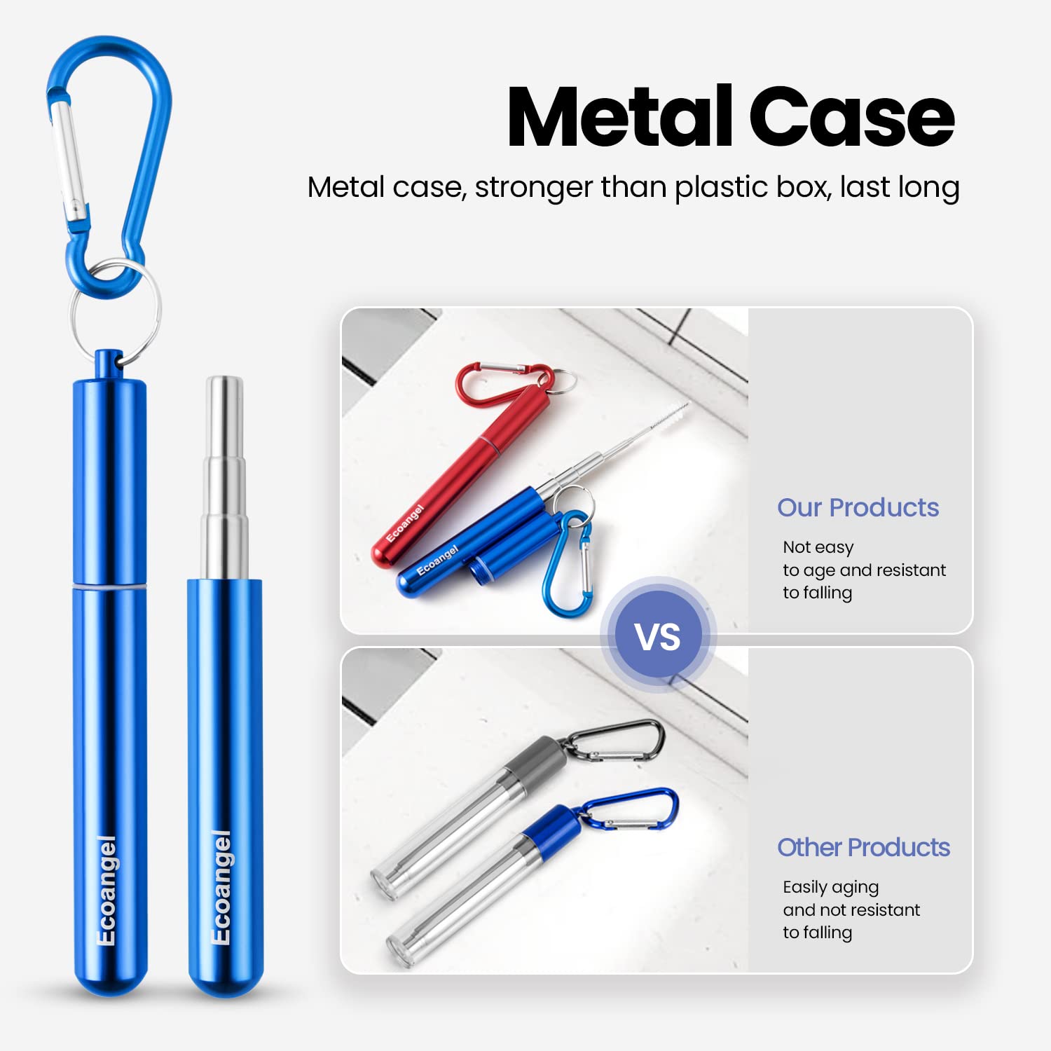Ecoangel straw set with carabiner and compact case for on-the-go use.