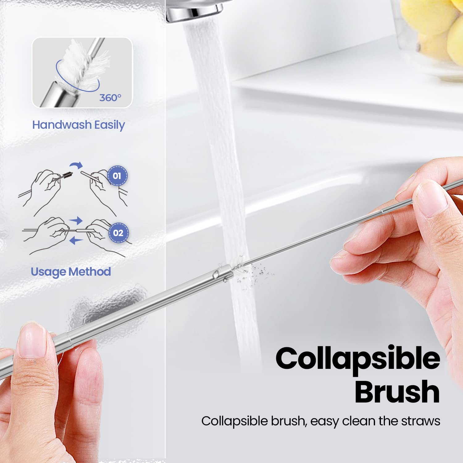 Ecoangel telescopic cleaning brush reaches full straw length for thorough cleaning.
