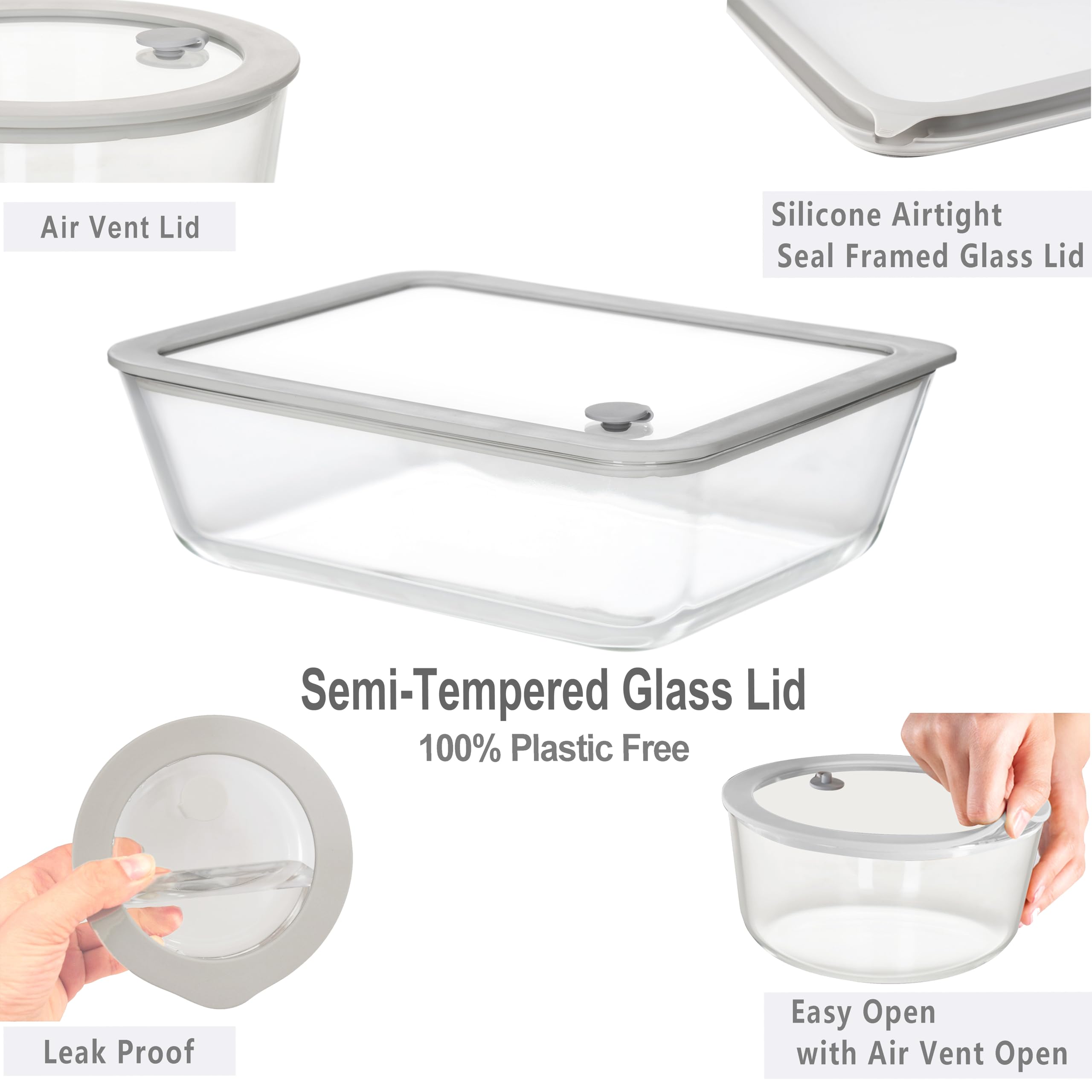 EcoEvo 48oz round glass container with grey silicone frame for easy meal prep.