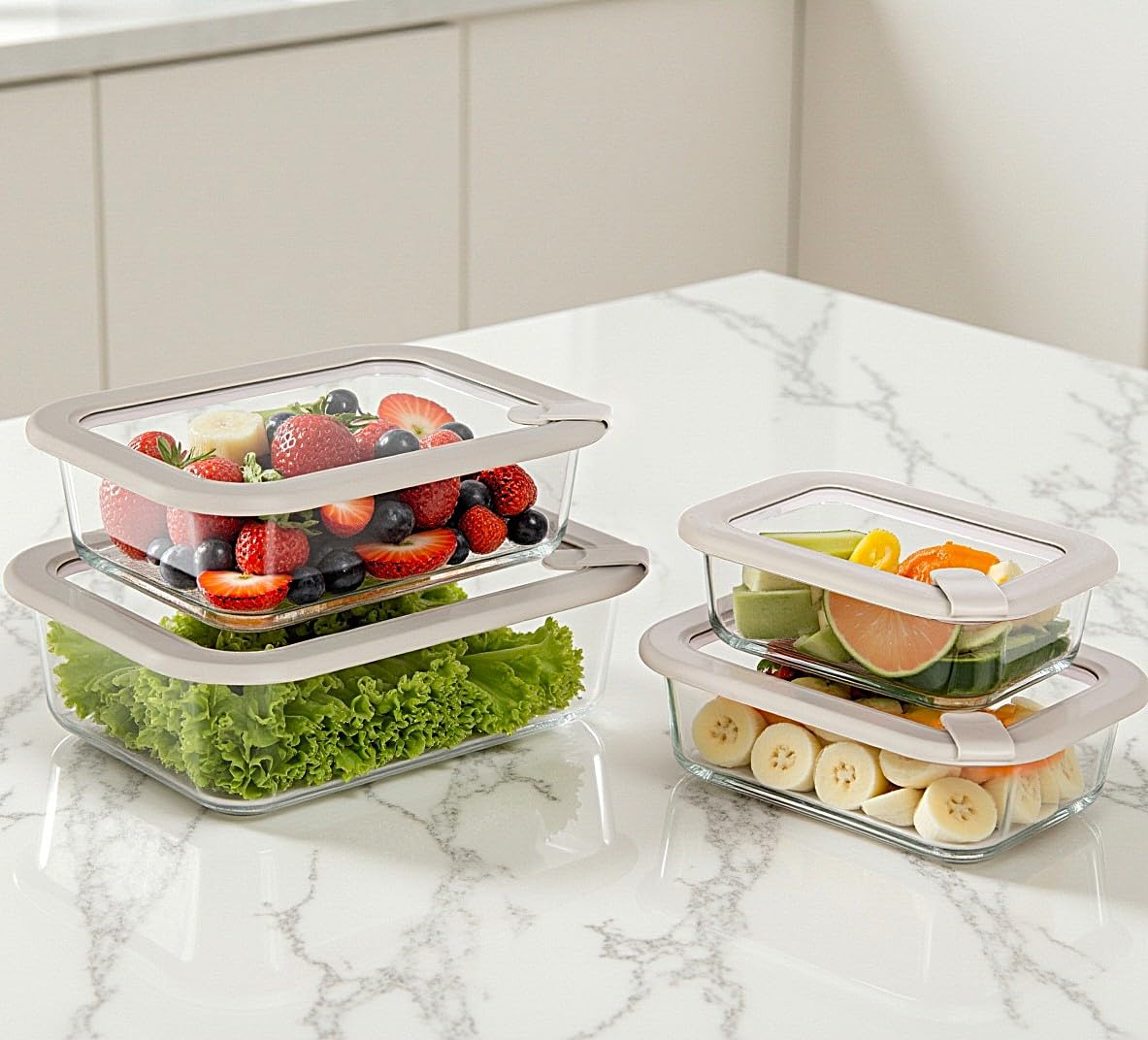 EcoEvo glass lids with grey silicone frame, easy viewing and secure seal.