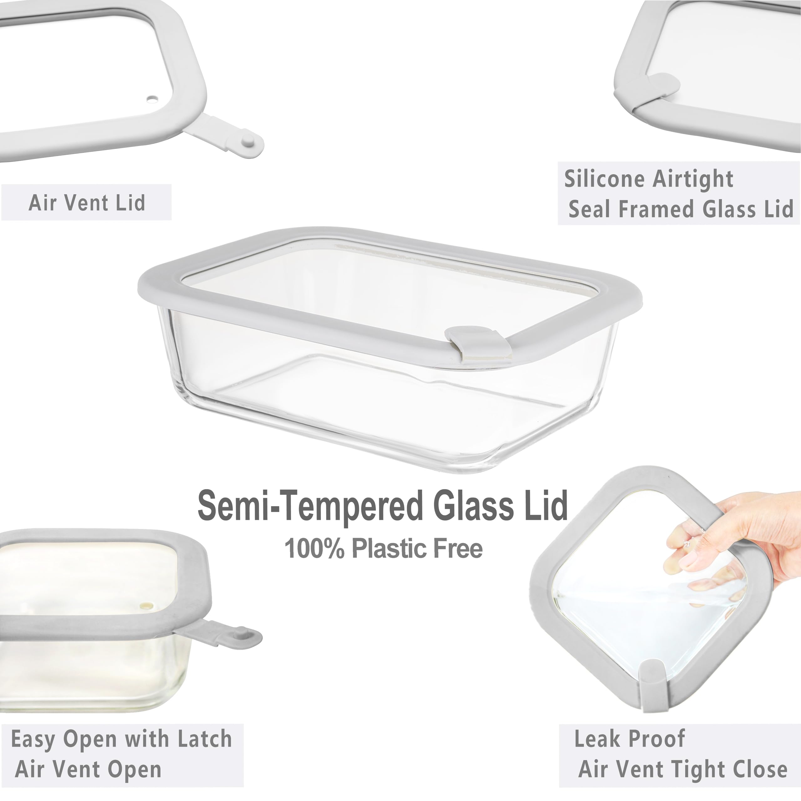 EcoEvo rectangle 35oz glass container with leak-proof seal for leftovers.