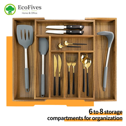 EcoFives acacia wood drawer with expandable panels fits wider drawers.