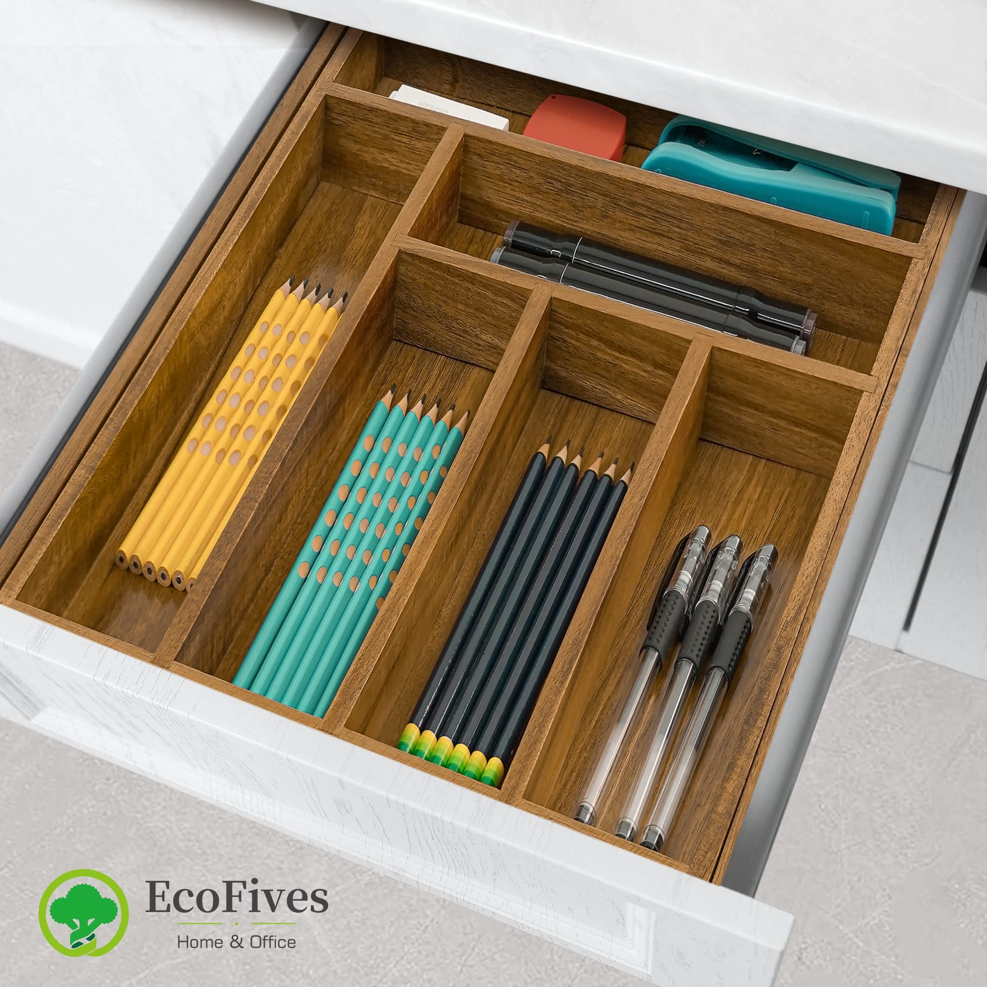 Grooved dividers keep utensils in place in EcoFives organizer.