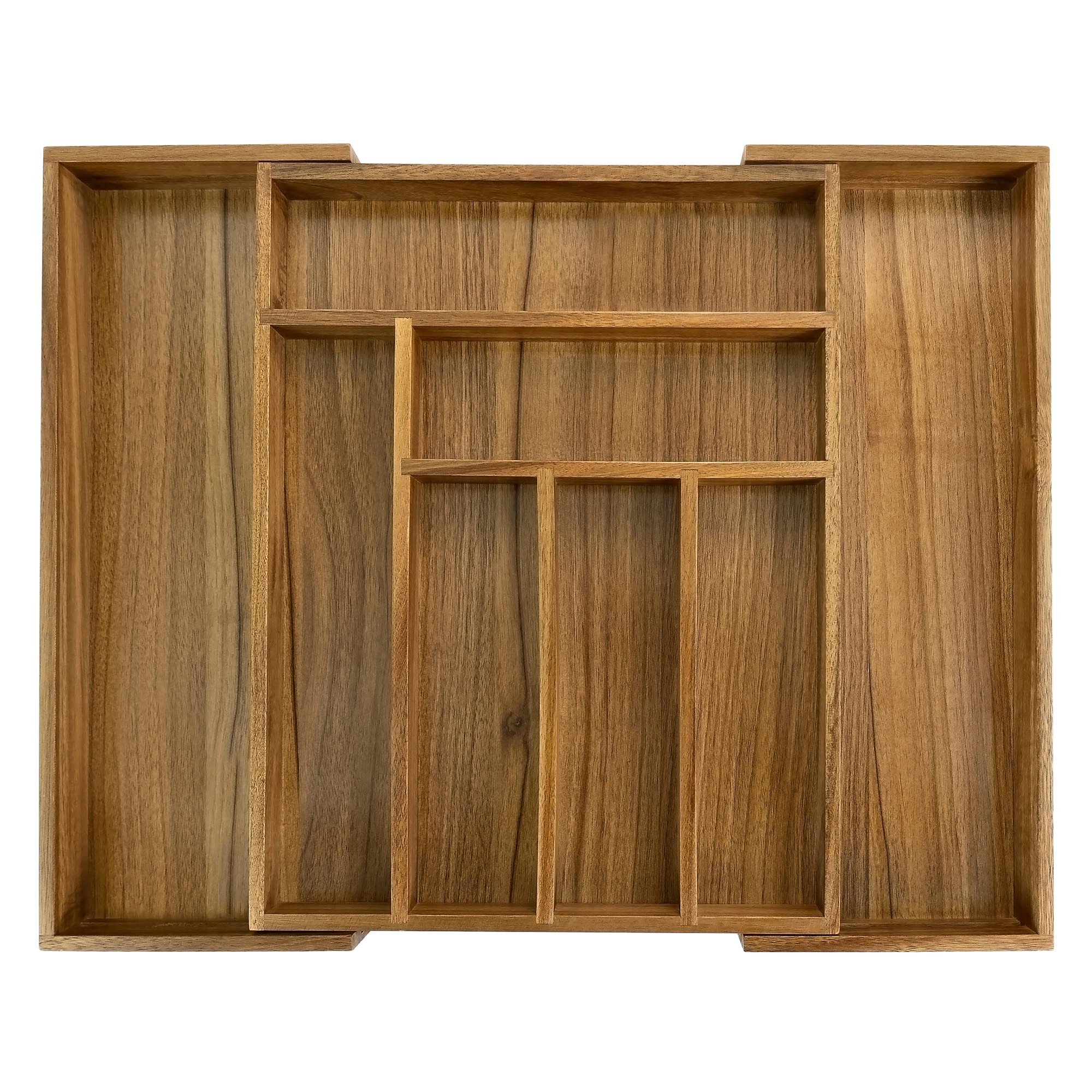 EcoFives Luxury Acacia drawer organizer with 8-slot layout keeps silverware neatly organized.