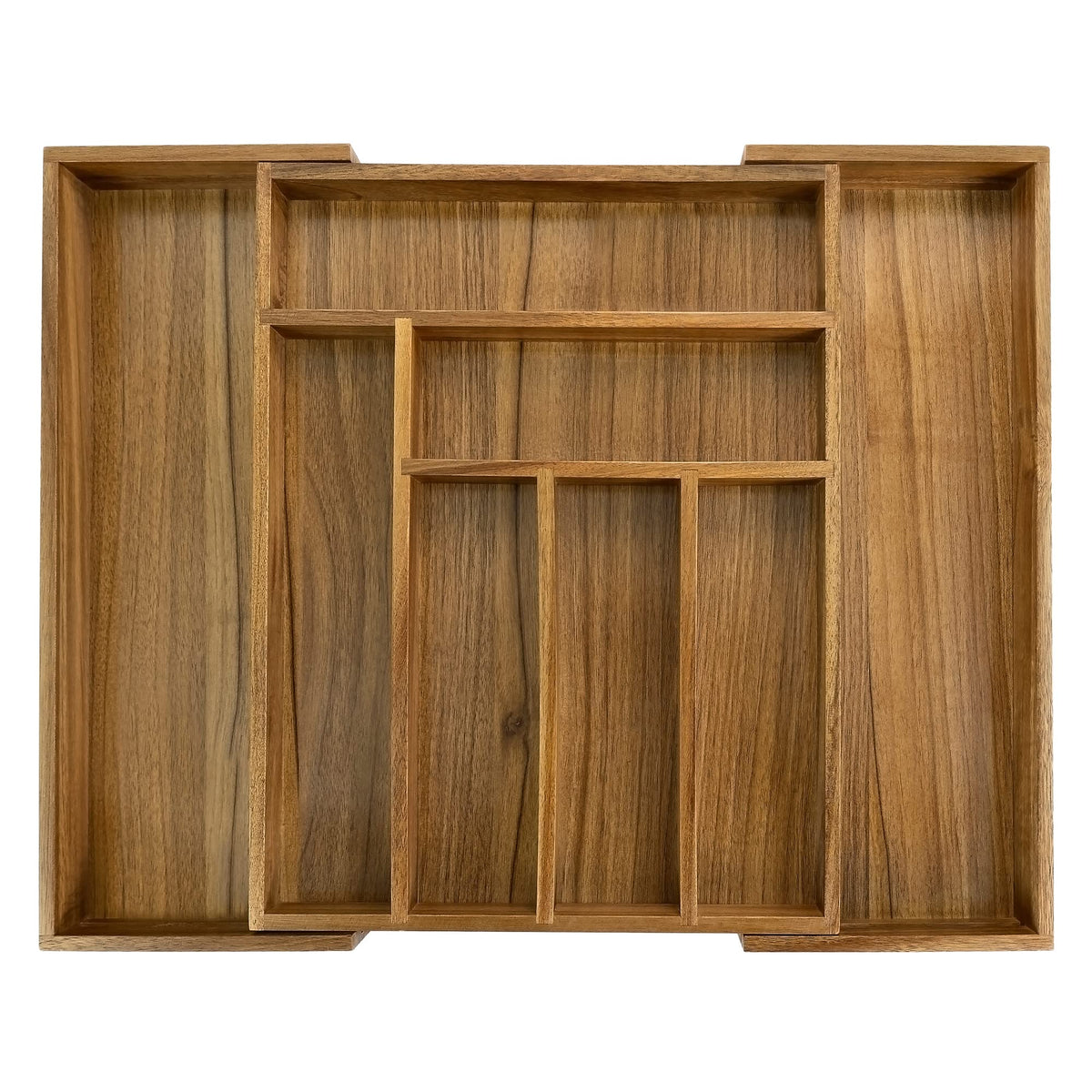 EcoFives Luxury Acacia drawer organizer with 8-slot layout keeps silverware neatly organized.