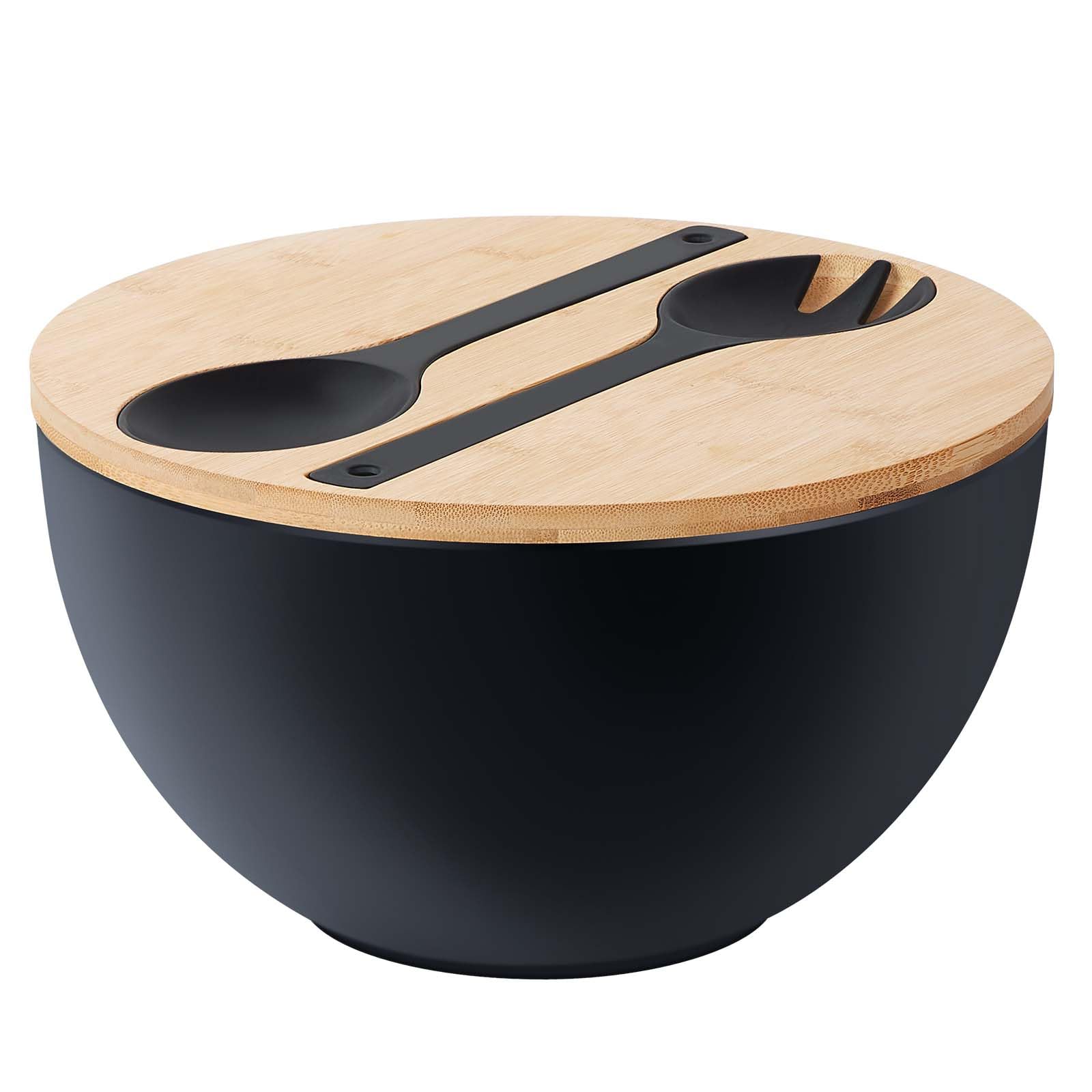 ECOHAGOU large bamboo salad bowl with lid and utensils for family meals.