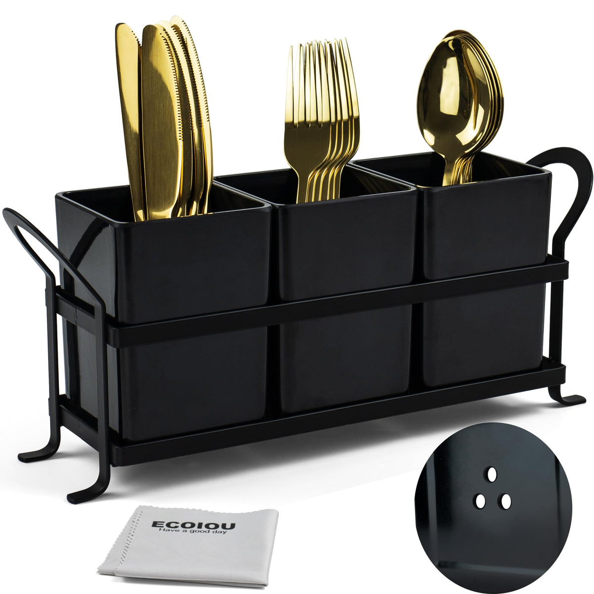 ECOIOU Cutlery Holder with drain holes keeps utensils dry on the counter.