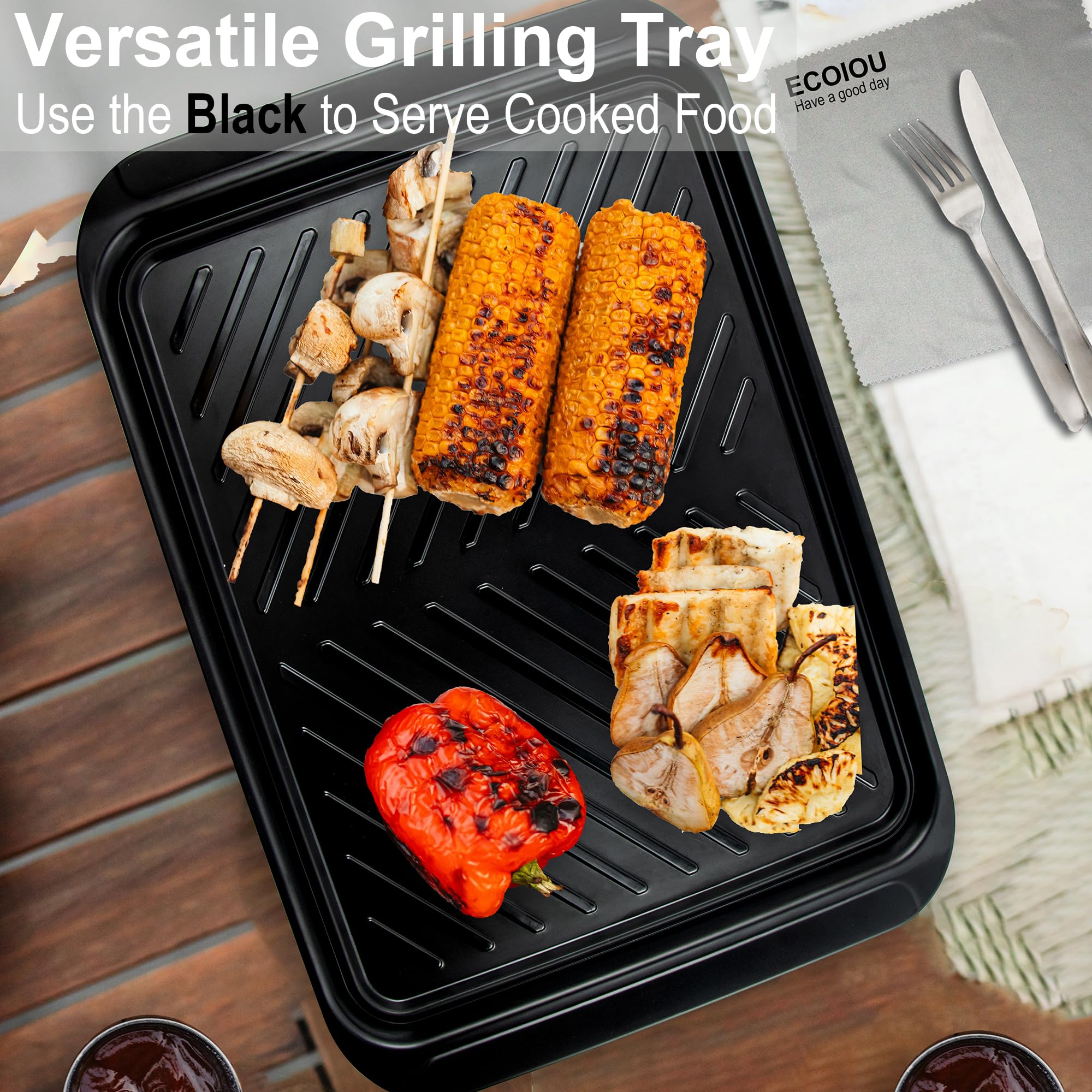 ECOIOU BPA-free melamine tray stays cool to touch after grilling
