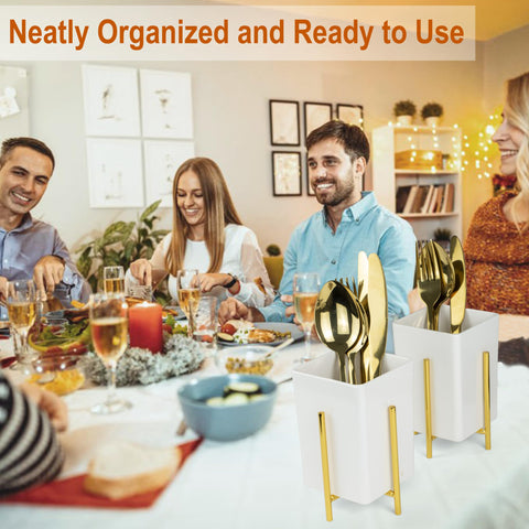Durable melamine utensil holder with elegant gold frame complements events.