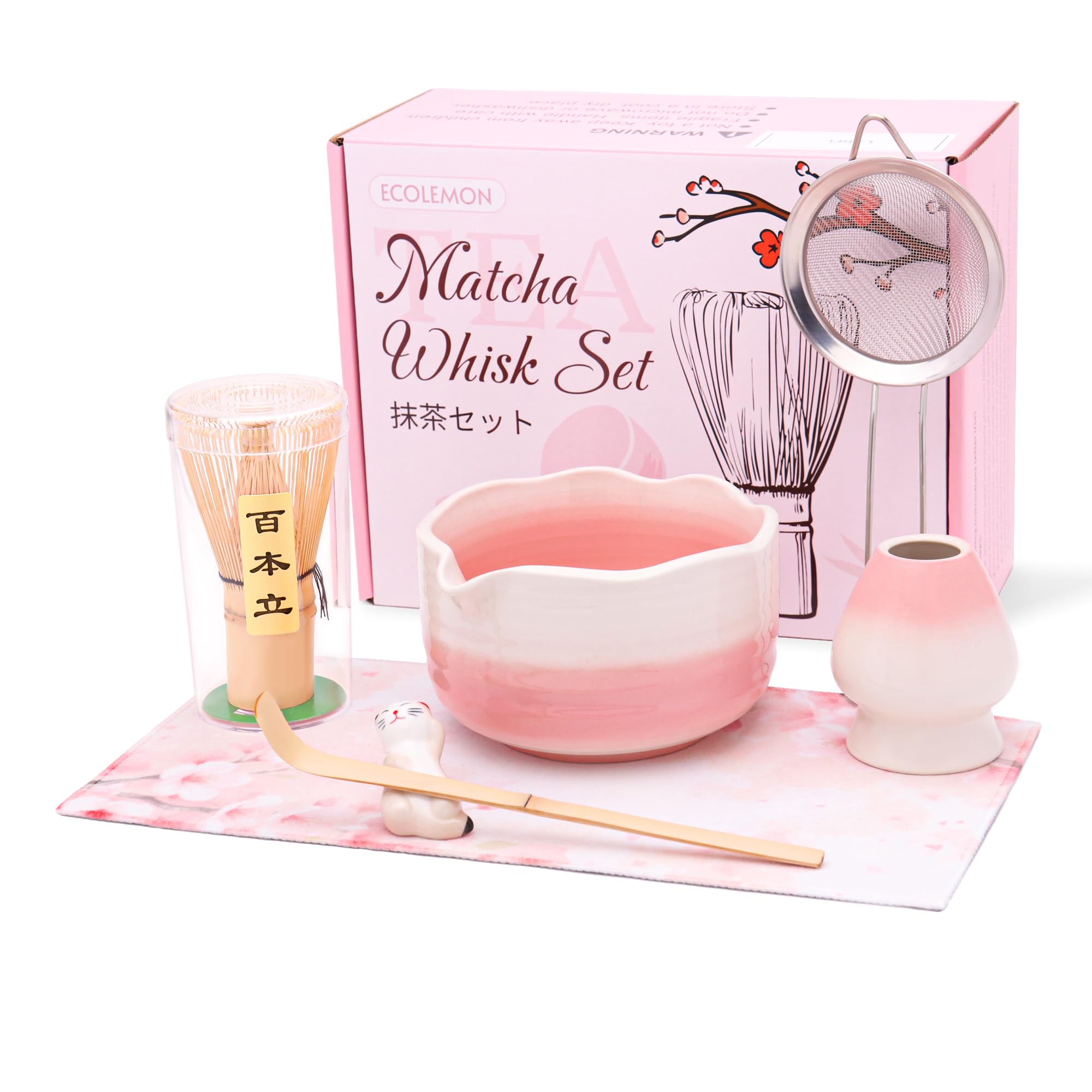 ECOLEMON pink matcha bowl with spout for smooth pouring and warmth