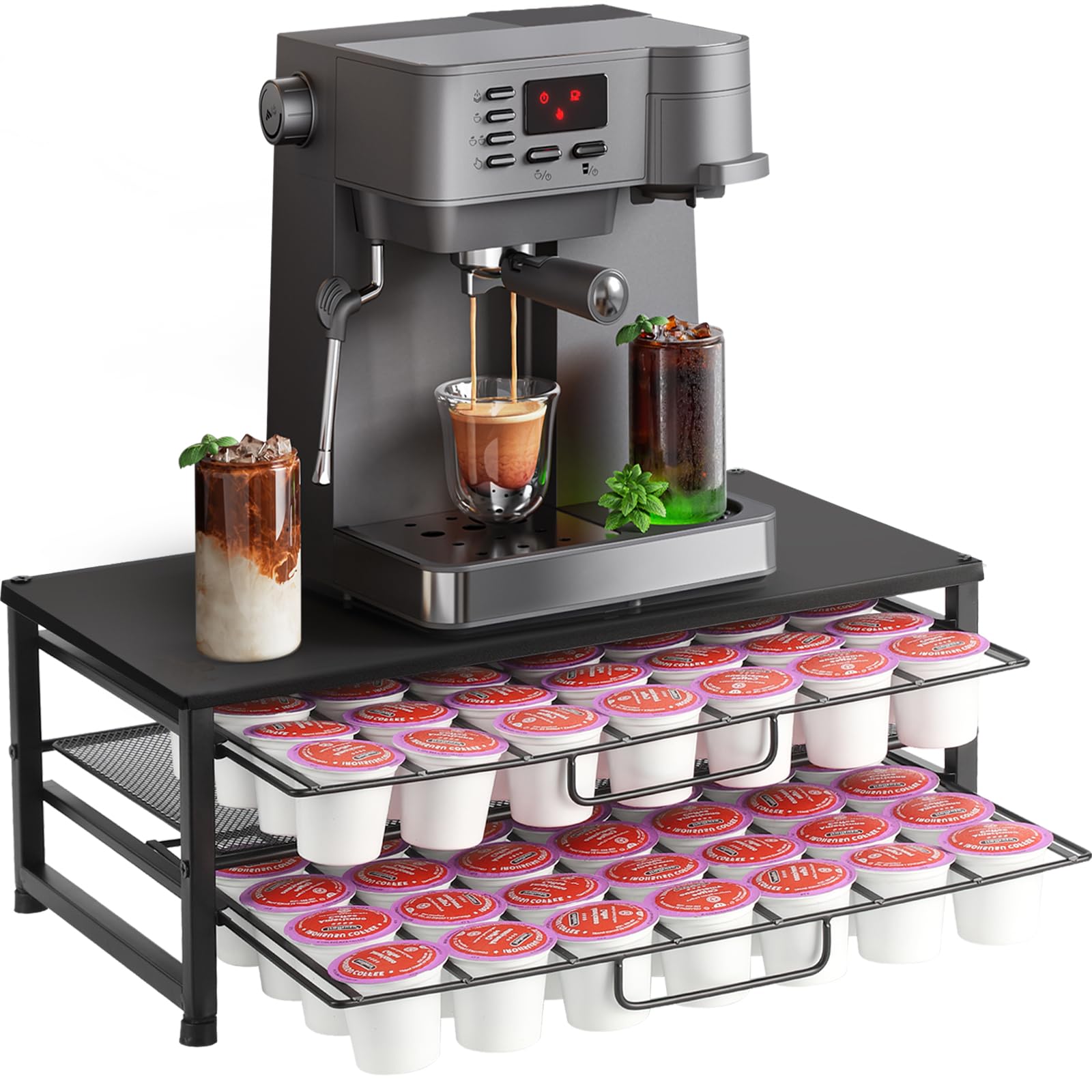 ECOLOVI K Cup Holder under the coffee maker keeps pods within reach and the counter tidy.