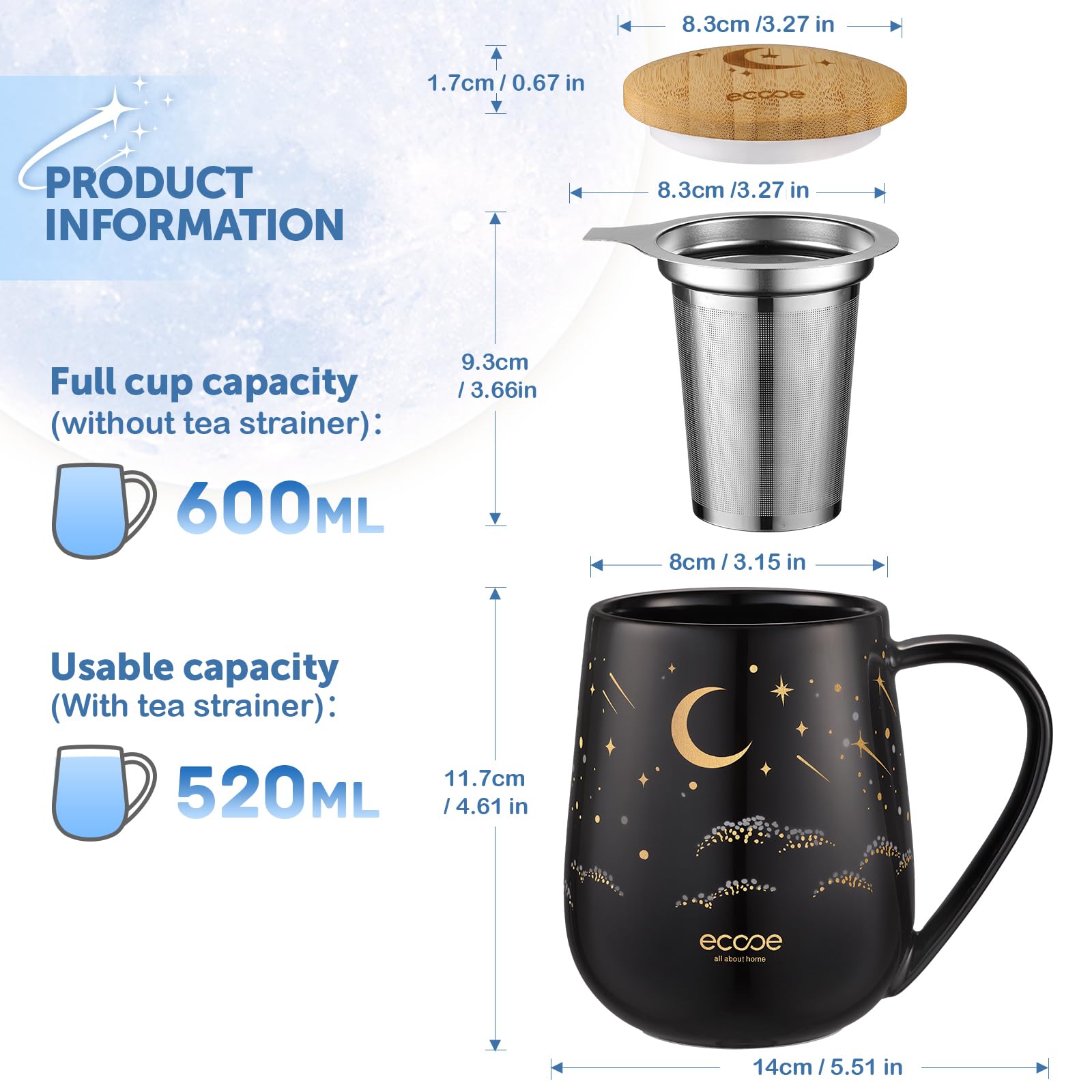 ecooe Bamboo lid provides stylish, secure cover while you steep.