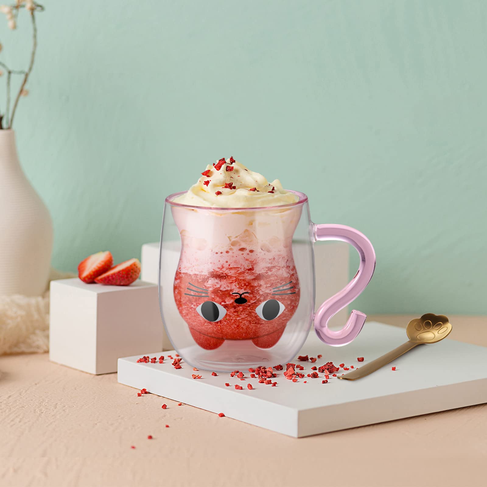 ecooe cute cat mug double-wall design preventing condensation