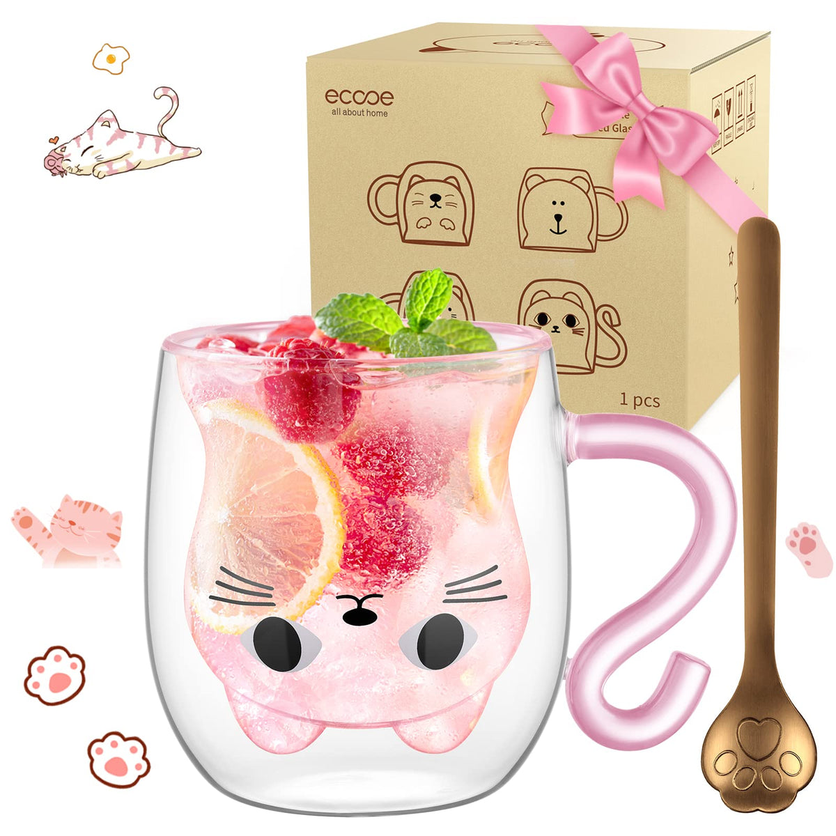 ecooe cute cat mug front view with double-wall insulation for hot drinks