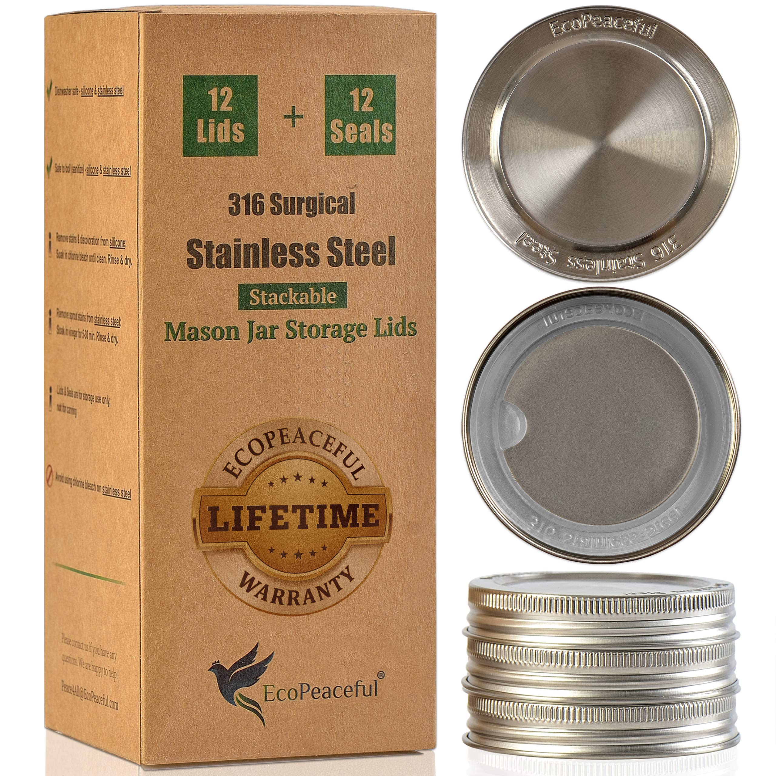 EcoPeaceful regular-mouth 316 stainless steel lids with silicone gasket, rust-proof and reusable.