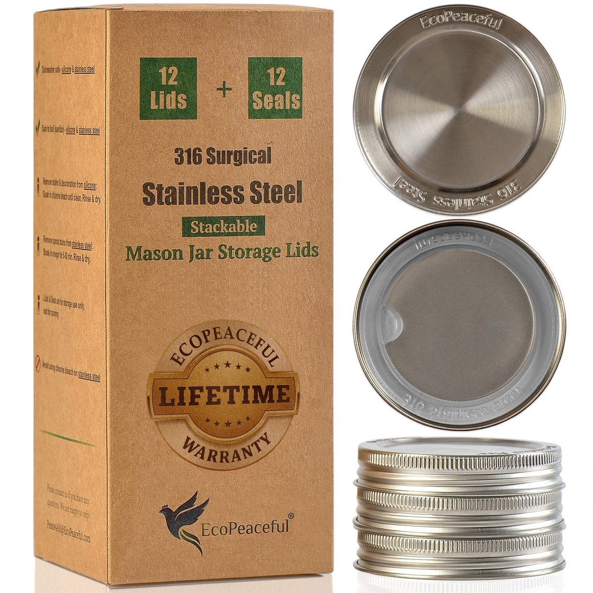 EcoPeaceful regular-mouth 316 stainless steel lids with silicone gasket, rust-proof and reusable.