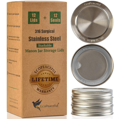 EcoPeaceful regular-mouth 316 stainless steel lids with silicone gasket, rust-proof and reusable.