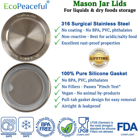 EcoPeaceful silicone gasket for mason jar lids provides airtight, leak-proof storage.