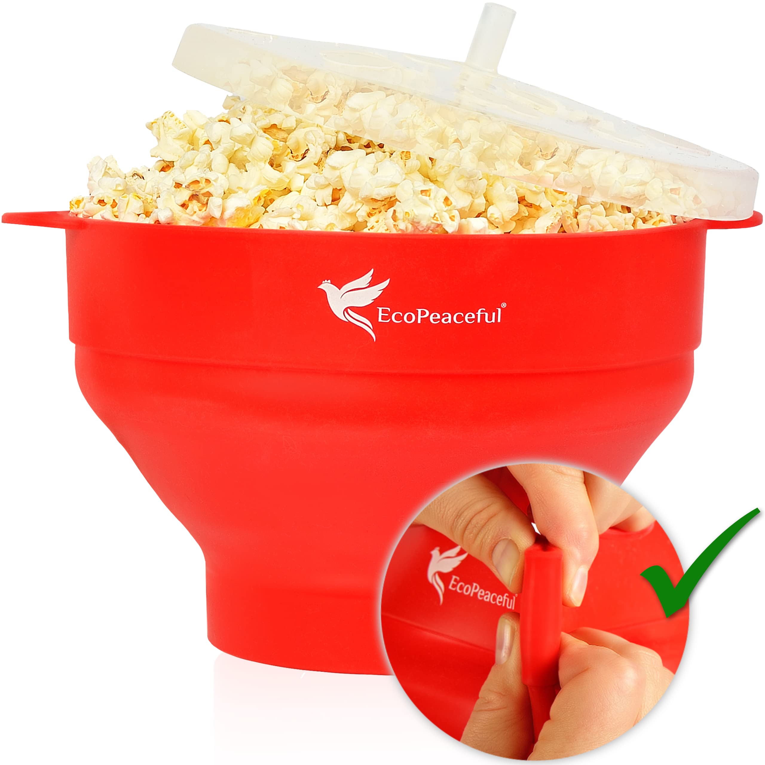 EcoPeaceful silicone popcorn popper collapsible bowl in use for easy storage and quick snacking