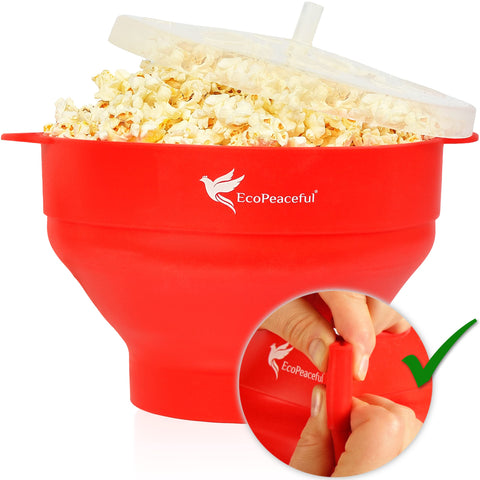 EcoPeaceful silicone popcorn popper collapsible bowl in use for easy storage and quick snacking