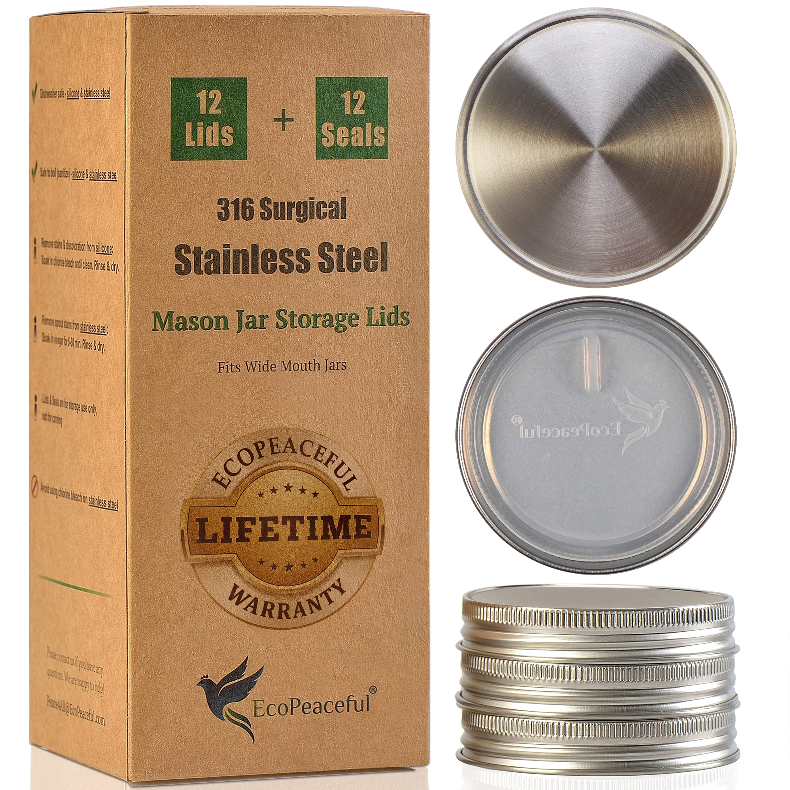 EcoPeaceful wide-mouth lids on mason jars for durable, reusable storage.