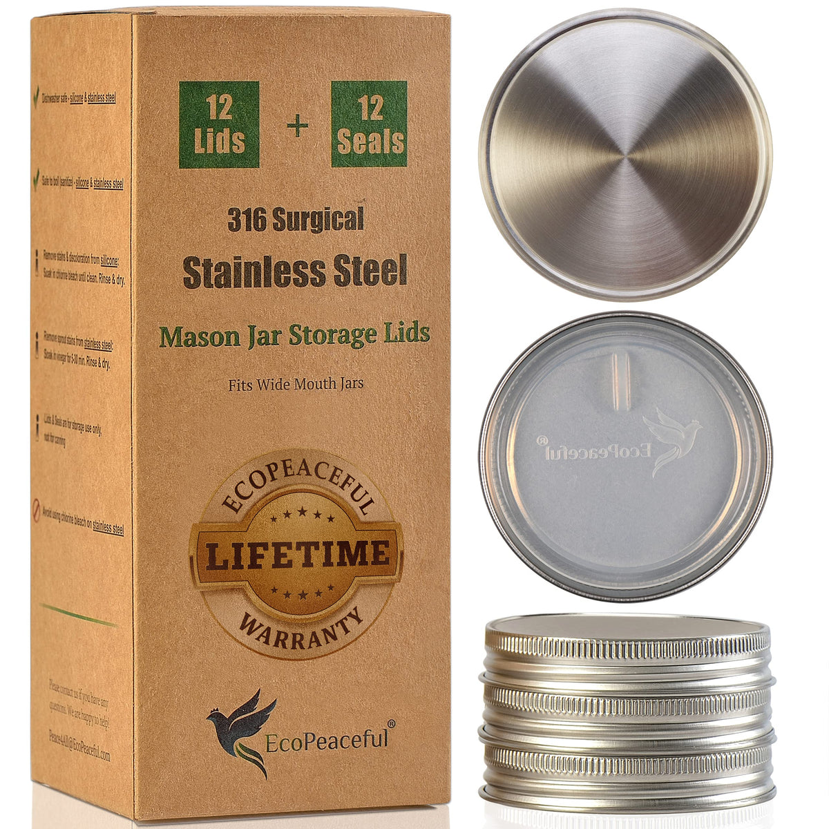 EcoPeaceful wide-mouth lids on mason jars for durable, reusable storage.