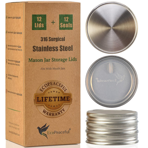 EcoPeaceful wide-mouth lids on mason jars for durable, reusable storage.