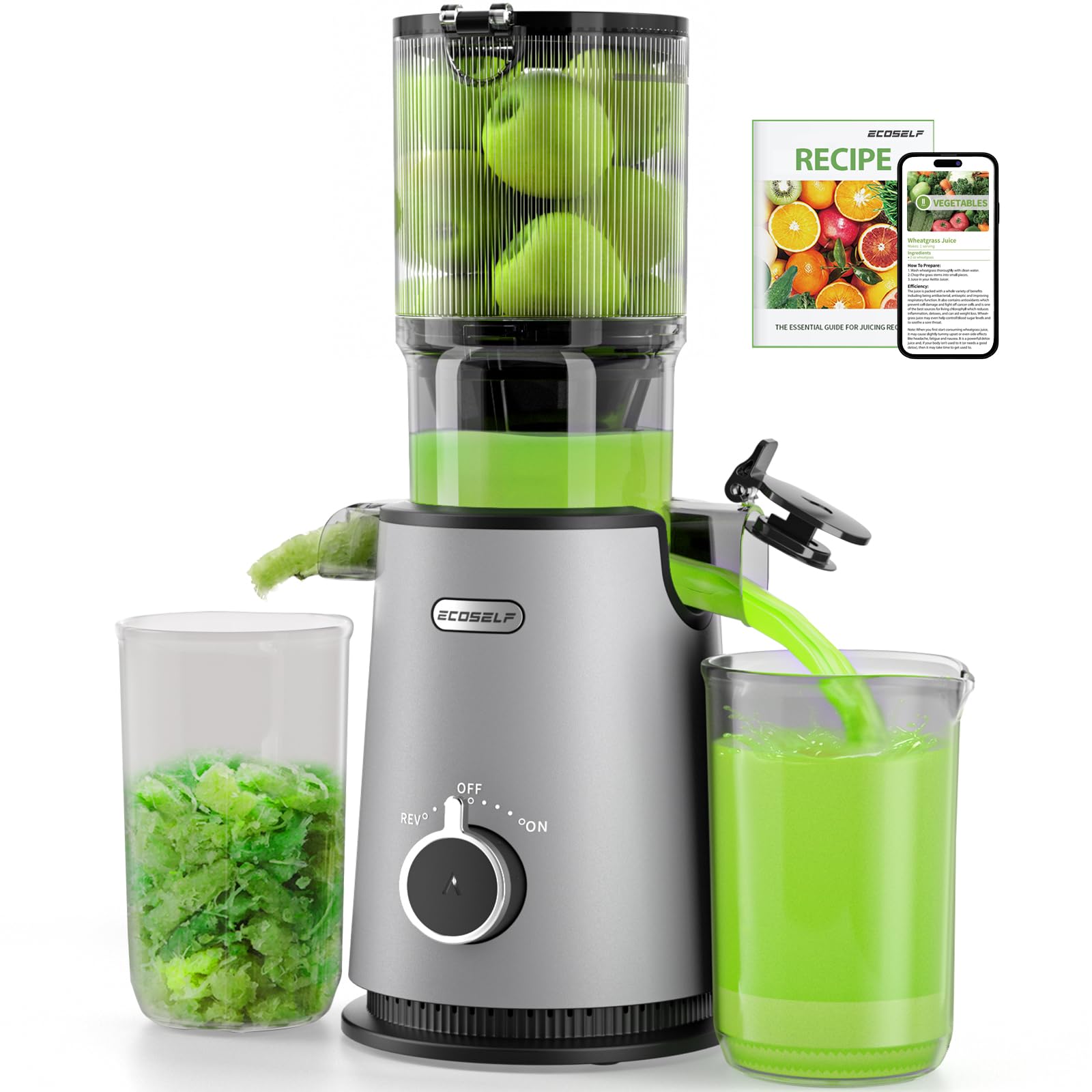 ECOSELF cold press juicer with wide-mouth feed chute for whole-fruit juicing