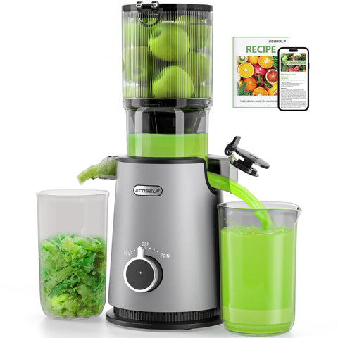 ECOSELF cold press juicer with wide-mouth feed chute for whole-fruit juicing