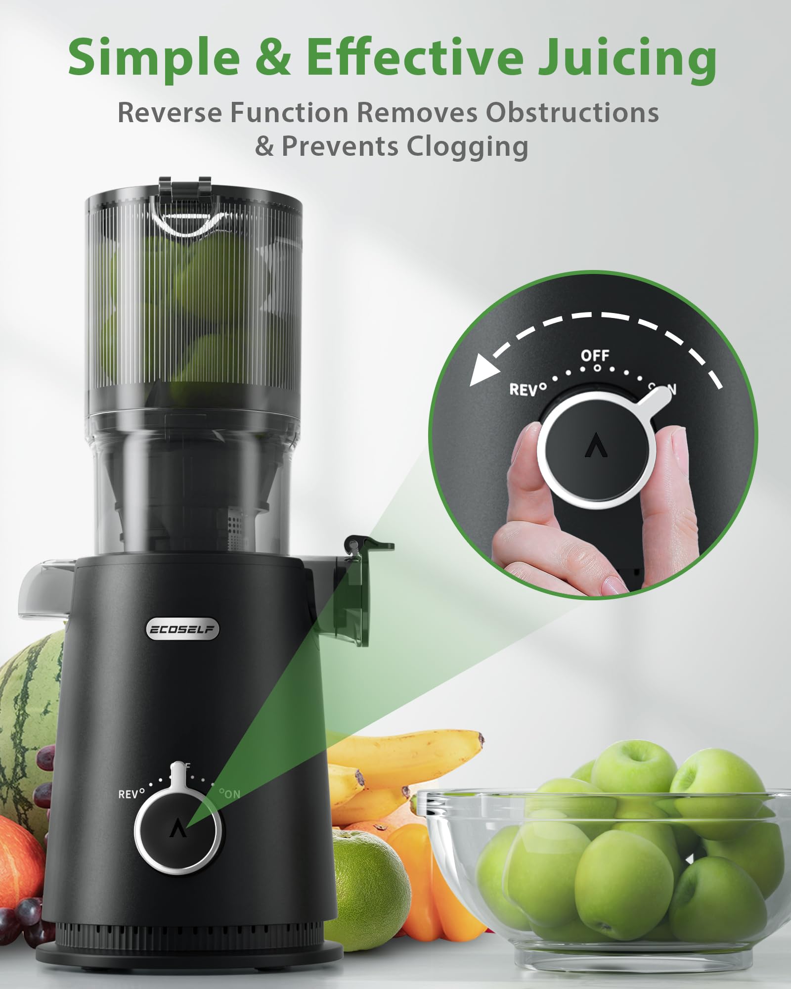 ECOSELF Juicer safety cover stops operation if the lid opens
