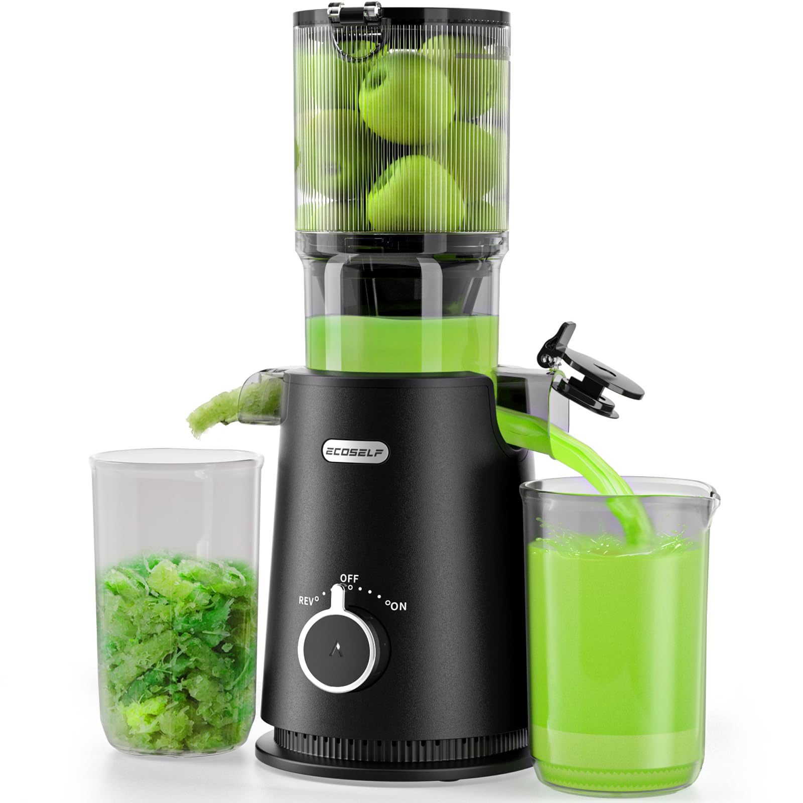 ECOSELF Juicer with wide mouth feed chute for easy whole-fruit juicing at home
