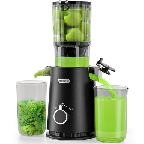 ECOSELF Juicer with wide mouth feed chute for easy whole-fruit juicing at home