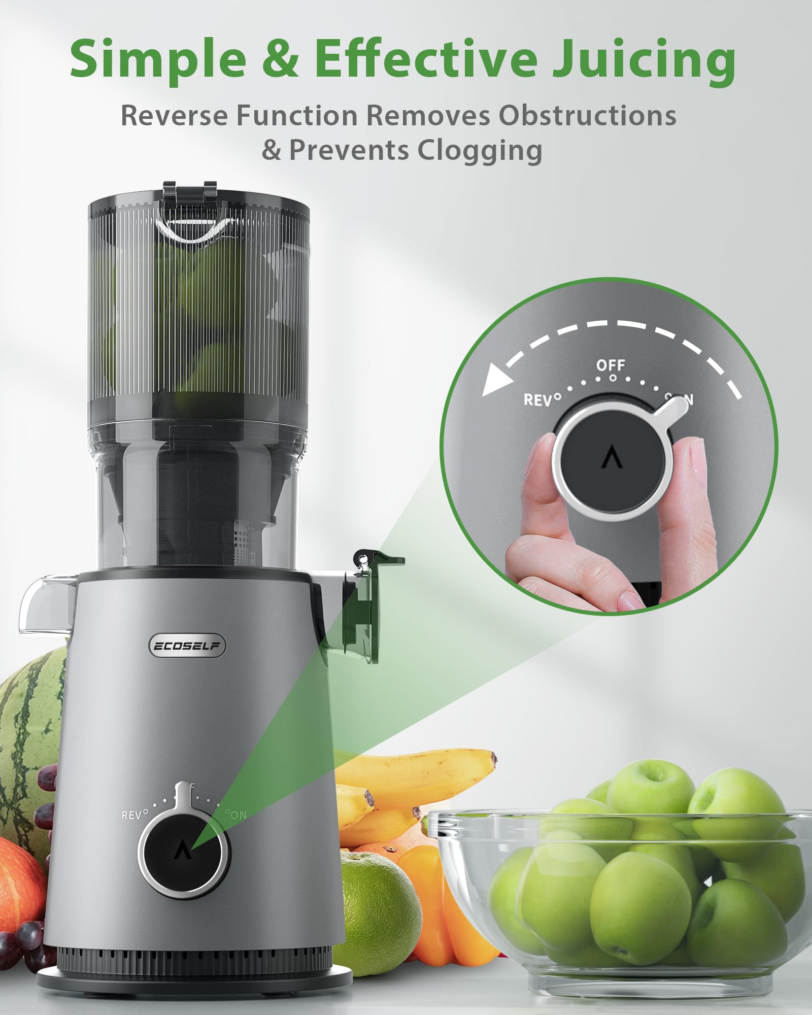 ECOSELF reverse function helps prevent clogs during juicing