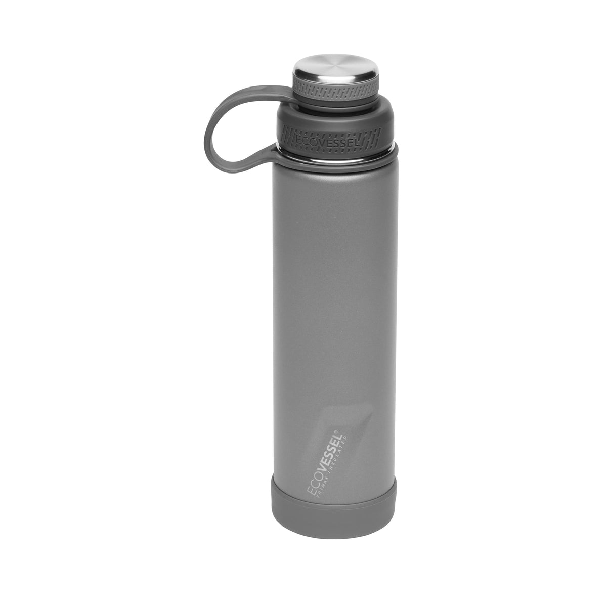 EcoVessel 24oz stainless bottle with slate grey cap close-up for daily hydration on the go