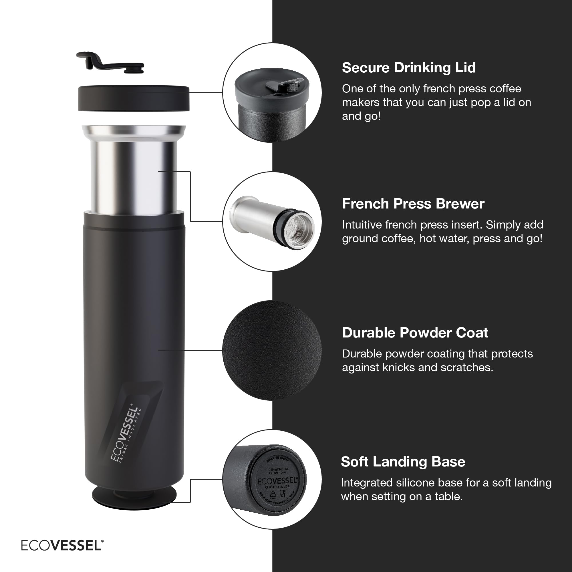 EcoVessel zero-waste design eliminates paper filters during brewing.
