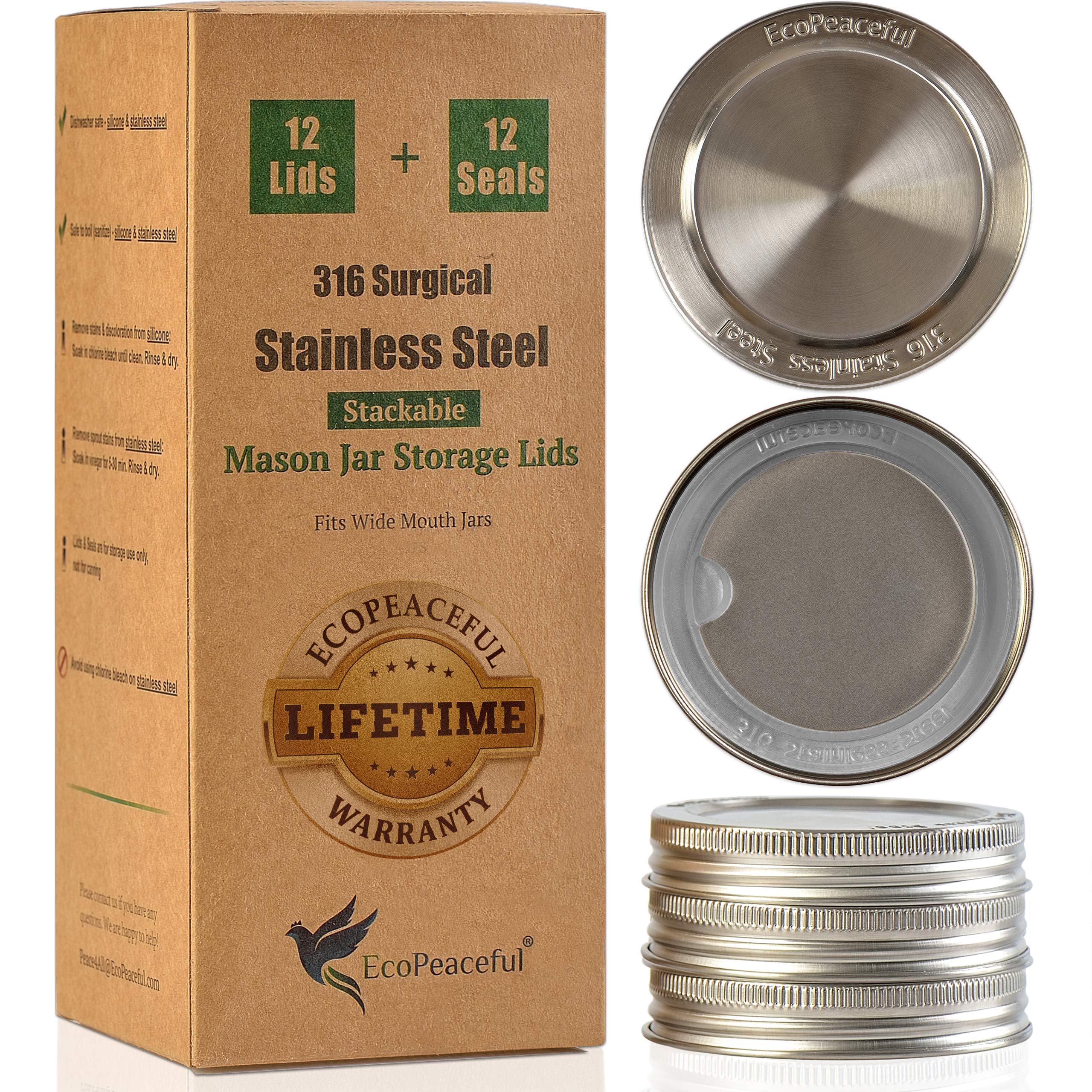 EcoPeaceful 316 stainless steel lids for wide-mouth jars, durable and rust-proof
