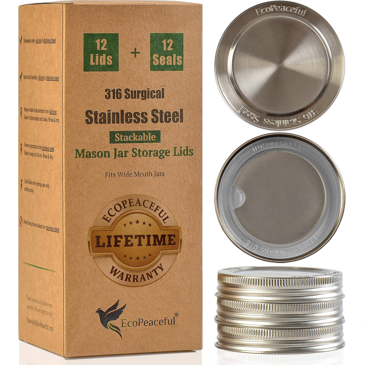EcoPeaceful 316 stainless steel lids for wide-mouth jars, durable and rust-proof