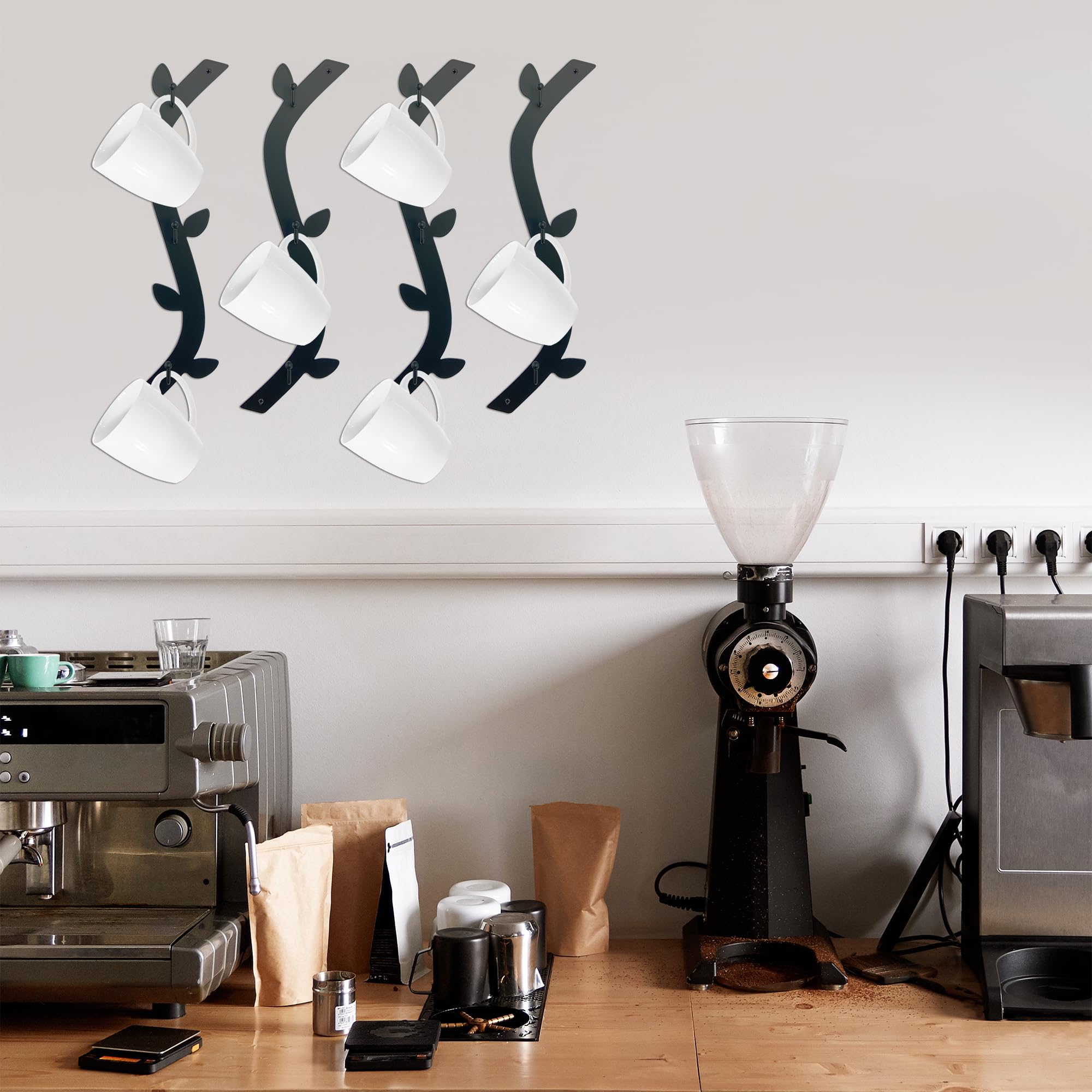 Ecqizer Coffee Mug Wall Rack four-piece set holds up to twelve mugs.