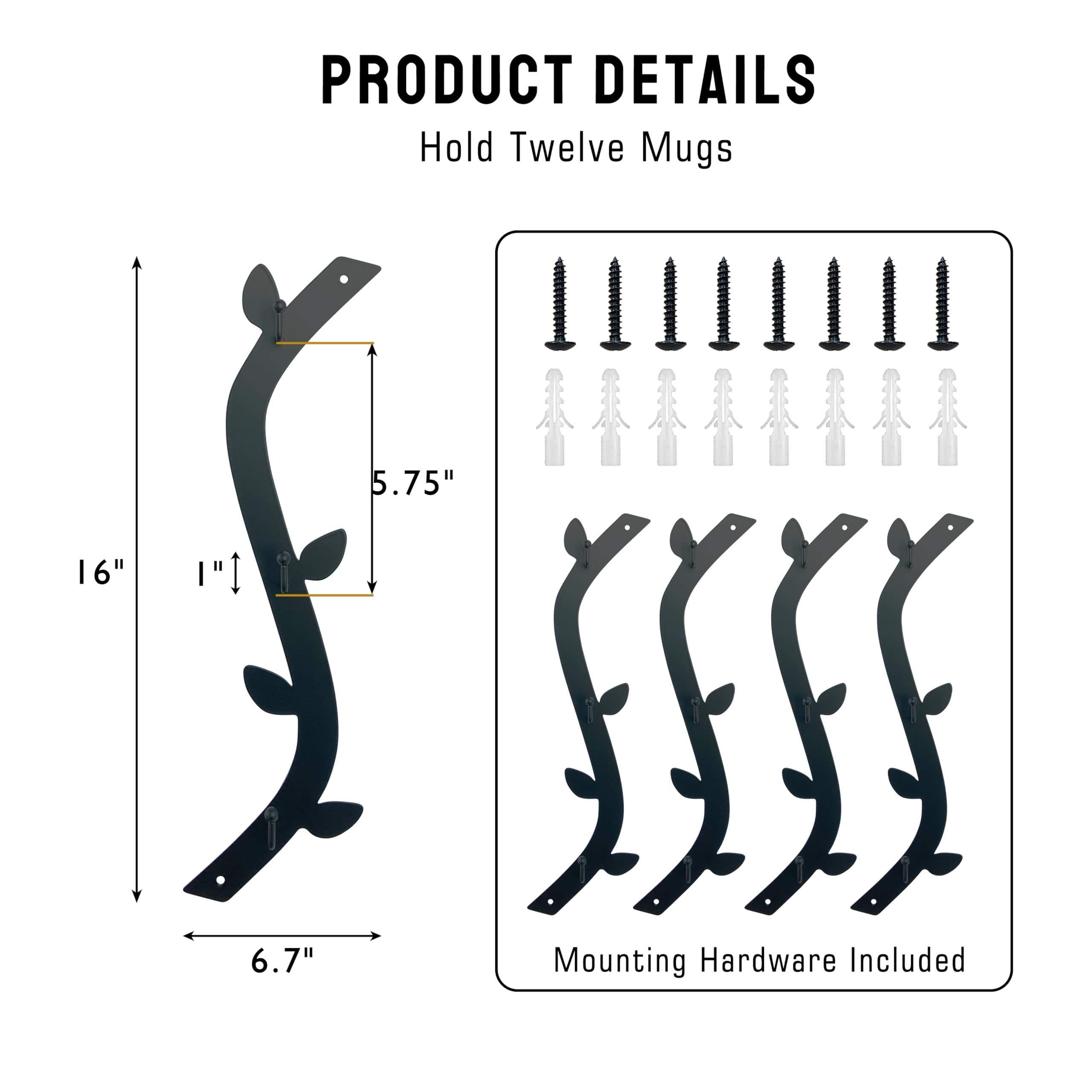 Ecqizer Coffee Mug Wall Rack curved design adds elegance to wall decor.