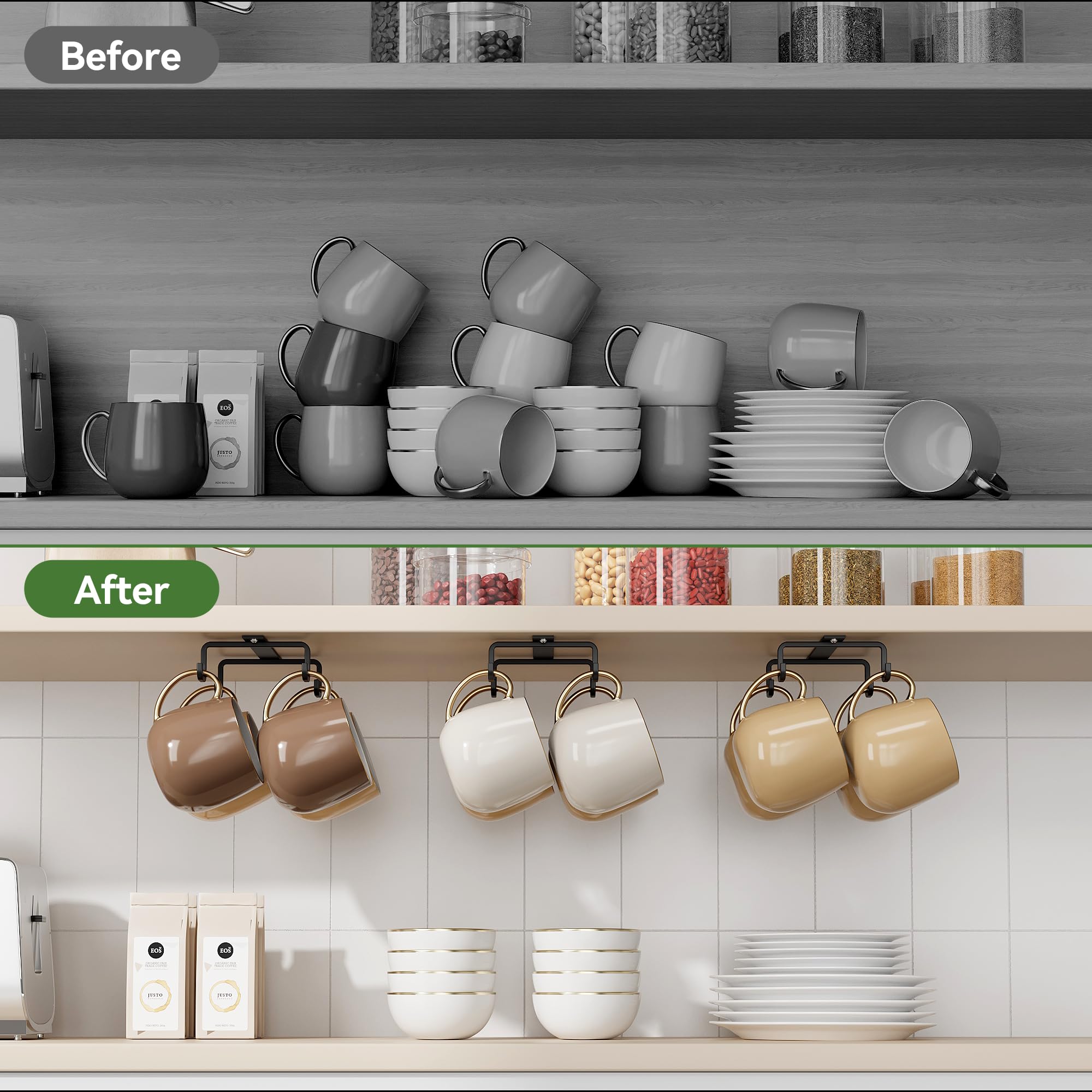 ECROCY under cabinet mug hooks simplify a clutter-free coffee corner every morning.