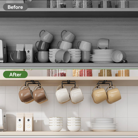 ECROCY under cabinet mug hooks simplify a clutter-free coffee corner every morning.